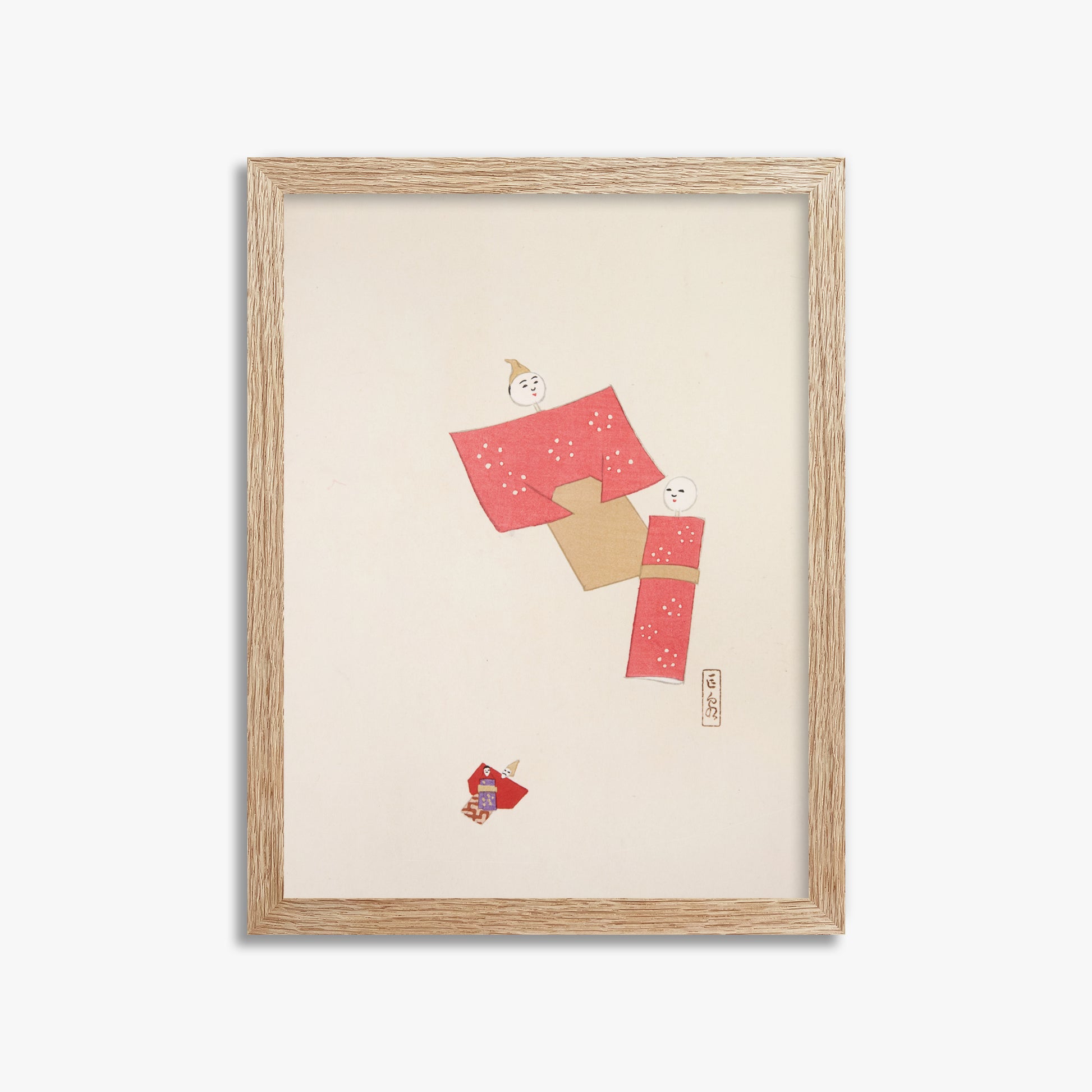 Kawasaki Kyosen: Kyosen’s Collected Illustrations of Japanese Toys Nr. 66 ("Blushing Twin Paper Dolls"), 30x40cm Framed Art Reproduction With Raw Oak Frame