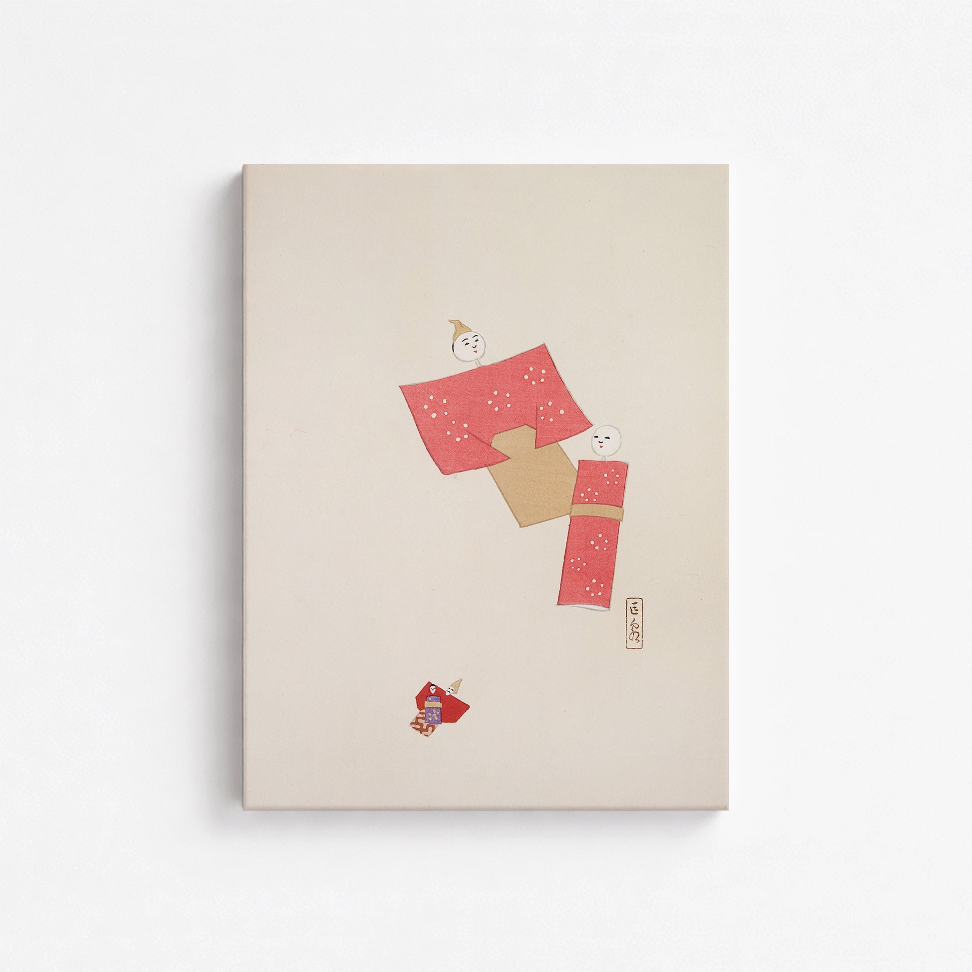 Kawasaki Kyosen: Kyosen’s Collected Illustrations of Japanese Toys Nr. 66 ("Blushing Twin Paper Dolls"), 30x40cm Satin Canvas Art Reproduction
