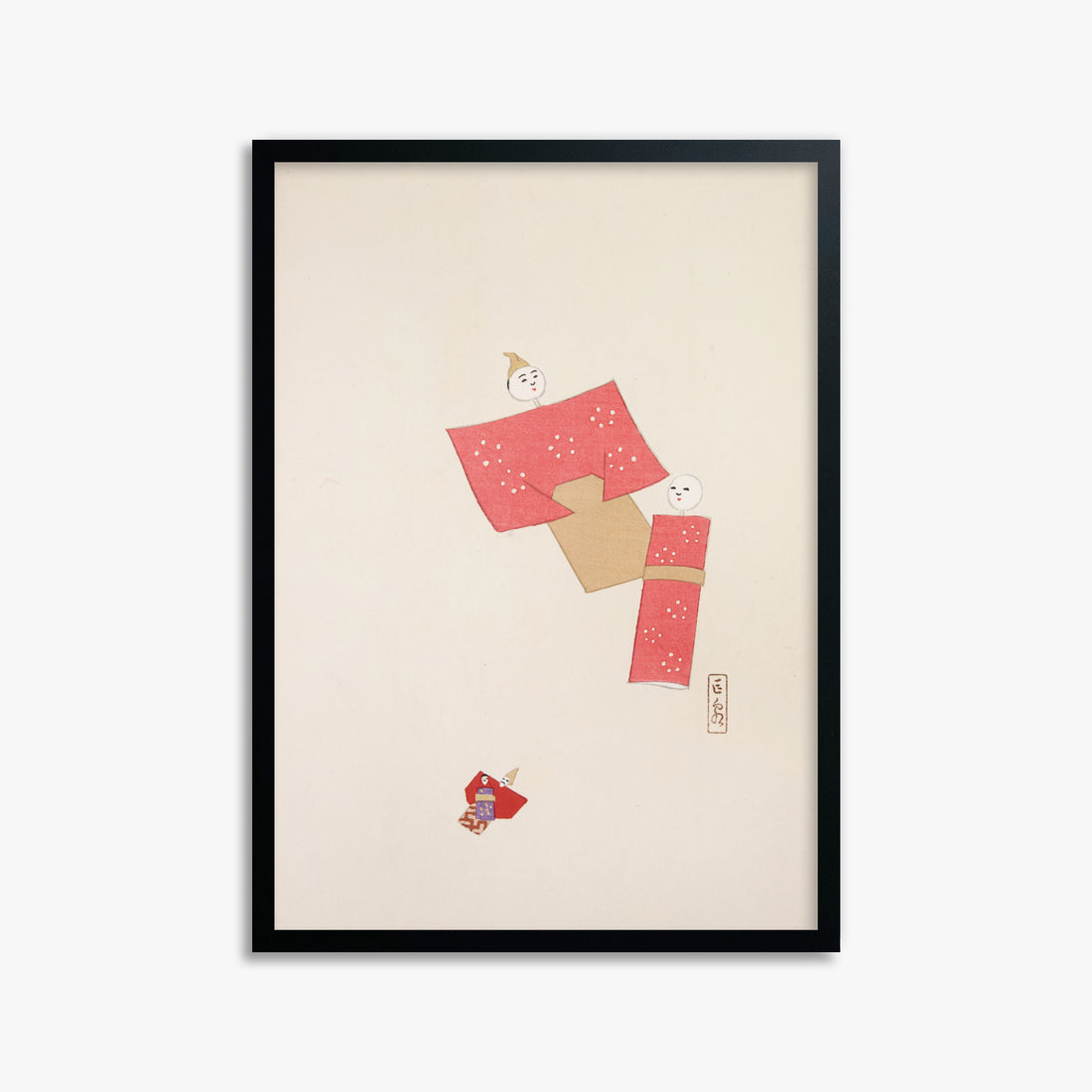 Kawasaki Kyosen: Kyosen’s Collected Illustrations of Japanese Toys Nr. 66 ("Blushing Twin Paper Dolls"), 50x70cm Framed Art Reproduction With Black Frame