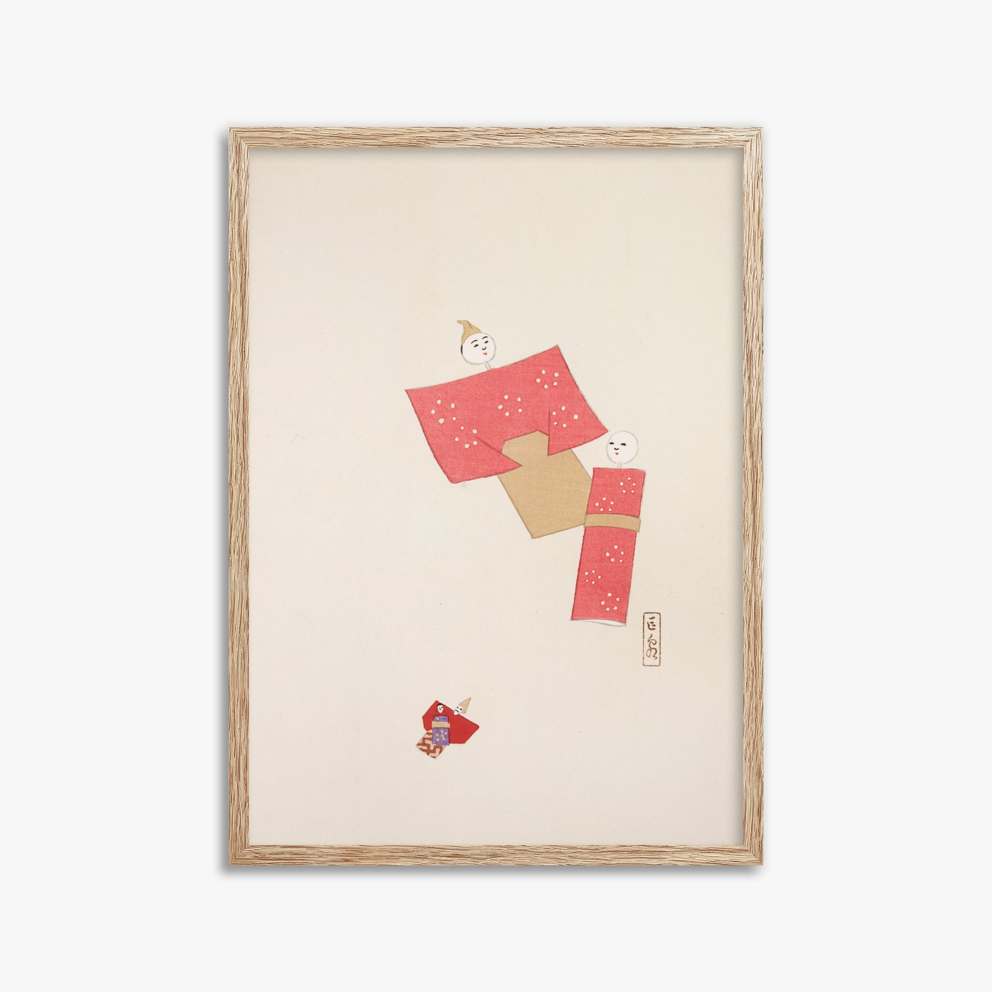 Kawasaki Kyosen: Kyosen’s Collected Illustrations of Japanese Toys Nr. 66 ("Blushing Twin Paper Dolls"), 50x70cm Framed Art Reproduction With Raw Oak Frame