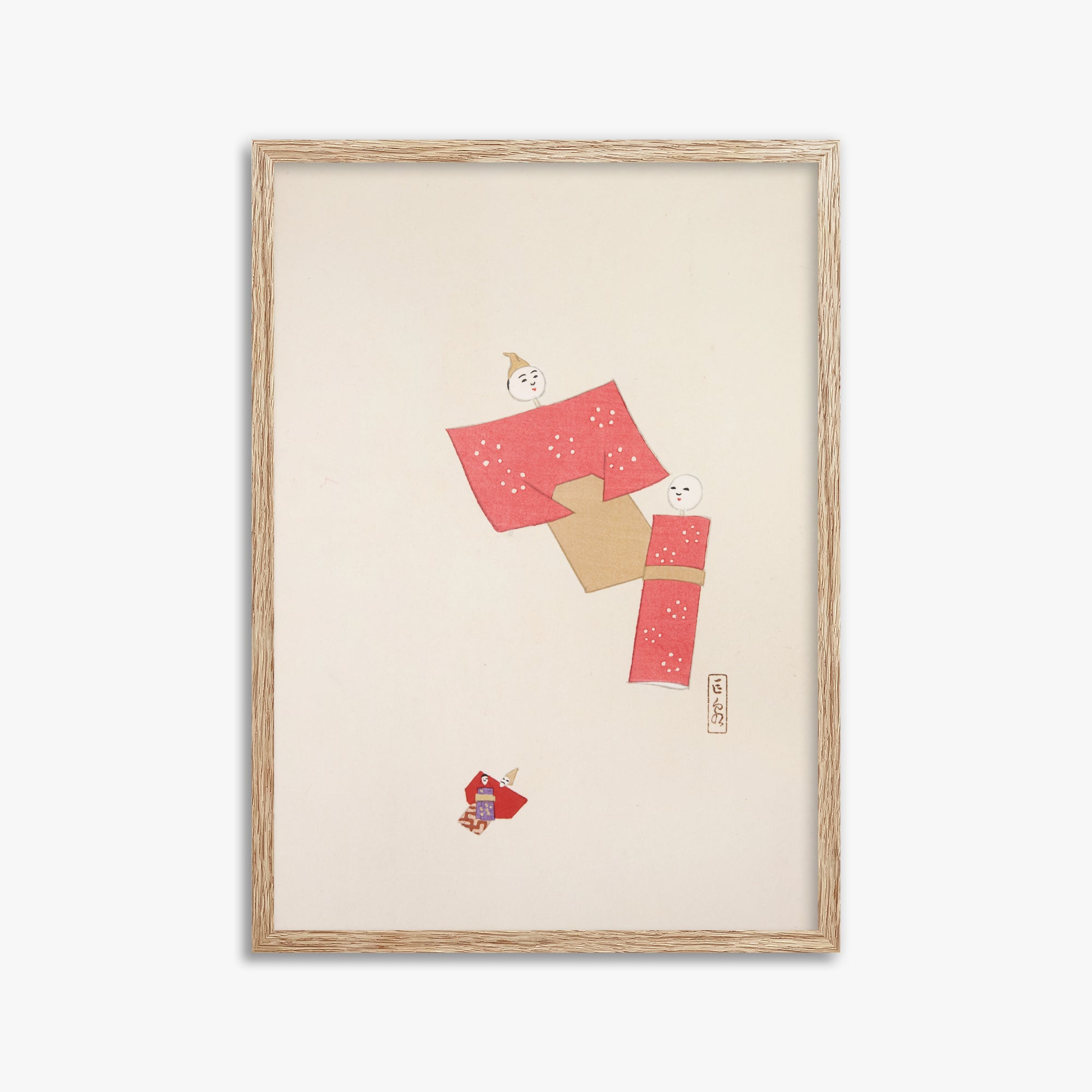 Kawasaki Kyosen: Kyosen’s Collected Illustrations of Japanese Toys Nr. 66 ("Blushing Twin Paper Dolls"), 50x70cm Framed Art Reproduction With Raw Oak Frame