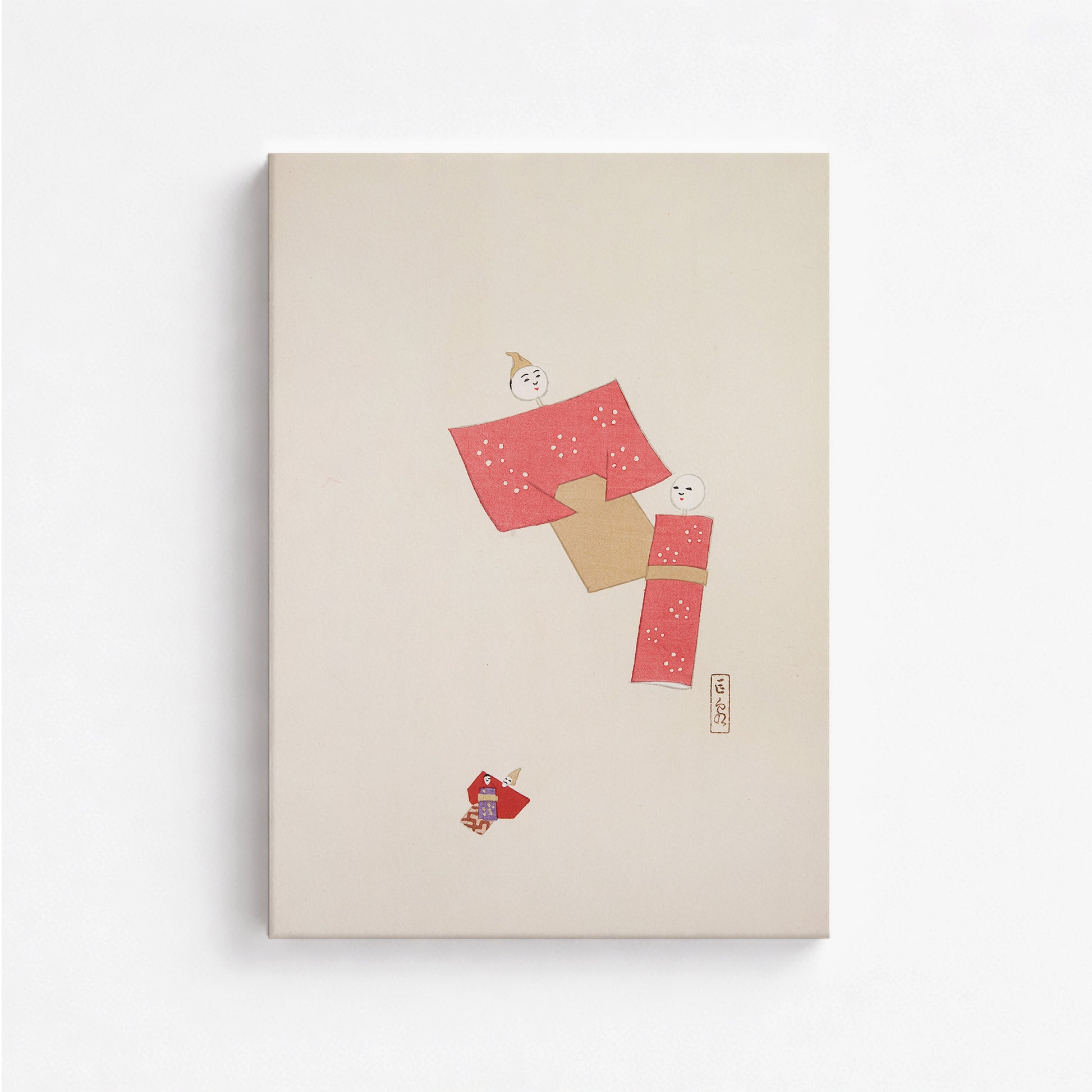 Kawasaki Kyosen: Kyosen’s Collected Illustrations of Japanese Toys Nr. 66 ("Blushing Twin Paper Dolls"), 50x70cm Satin Canvas Art Reproduction