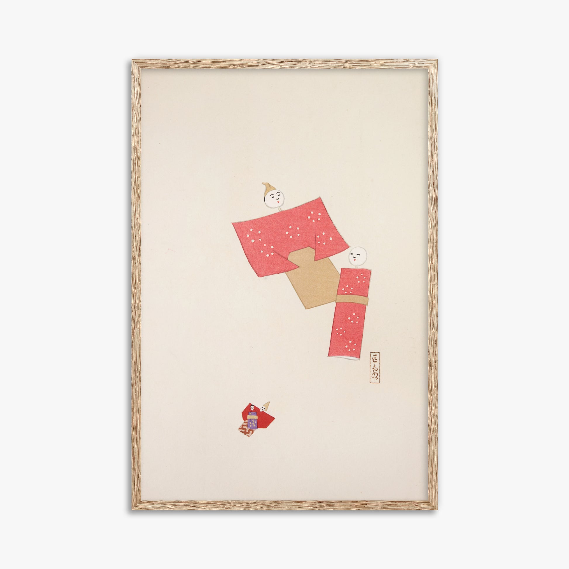 Kawasaki Kyosen: Kyosen’s Collected Illustrations of Japanese Toys Nr. 66 ("Blushing Twin Paper Dolls"), 61x91cm Framed Art Reproduction With Raw Oak Frame