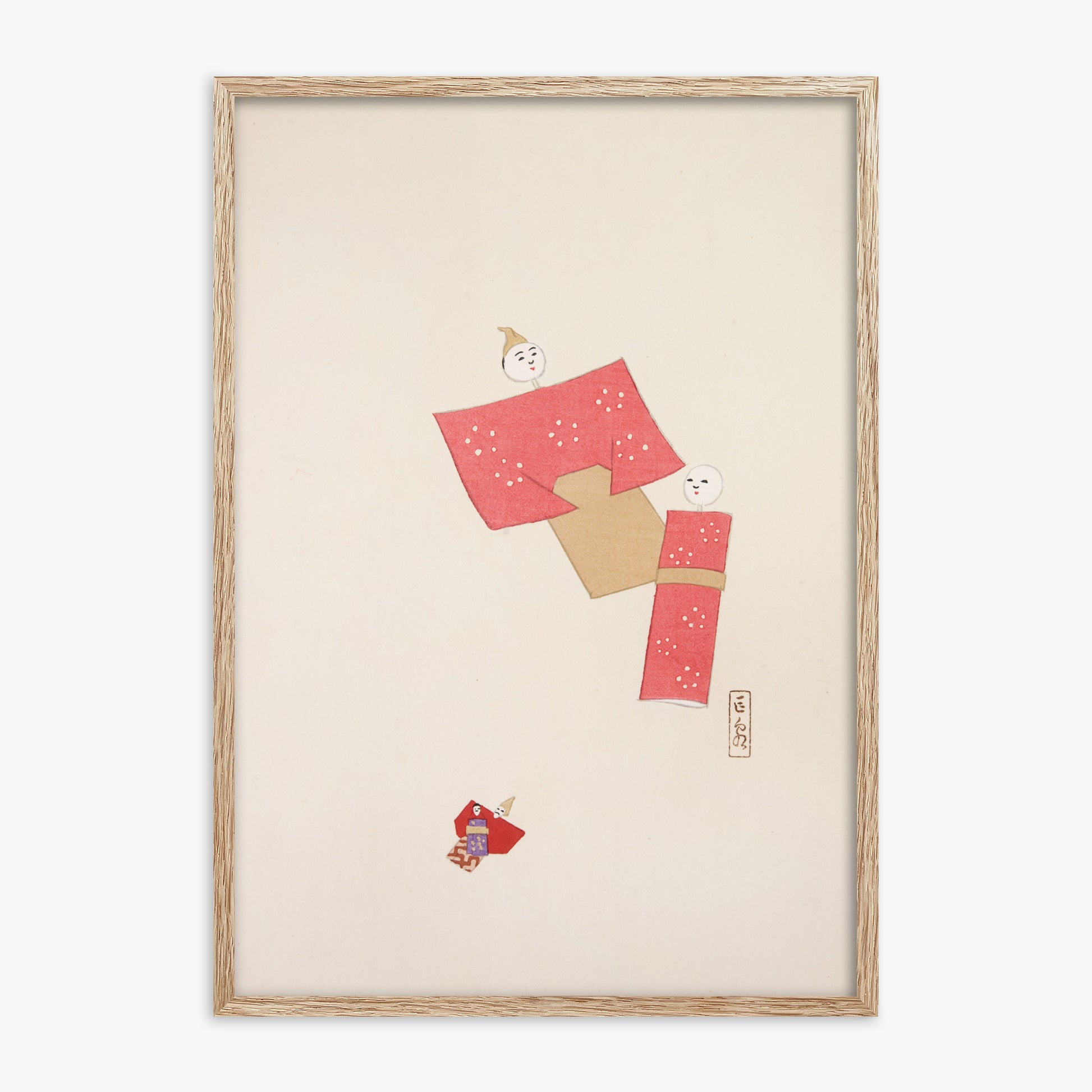 Kawasaki Kyosen: Kyosen’s Collected Illustrations of Japanese Toys Nr. 66 ("Blushing Twin Paper Dolls"), 70x100cm Framed Art Reproduction With Raw Oak Frame
