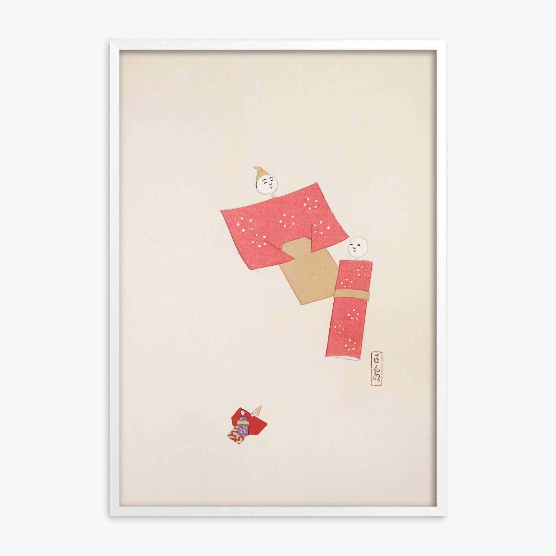Kawasaki Kyosen: Kyosen’s Collected Illustrations of Japanese Toys Nr. 66 ("Blushing Twin Paper Dolls"), White Framed Art Reproduction With White Frame