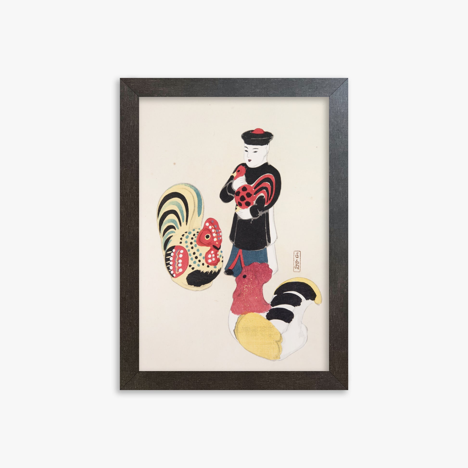 Kawasaki Kyosen: Kyosen’s Collected Illustrations of Japanese Toys Nr. 67 ("Cock & Keeper Ensemble"), 21x30cm Framed Art Reproduction With Espresso Frame