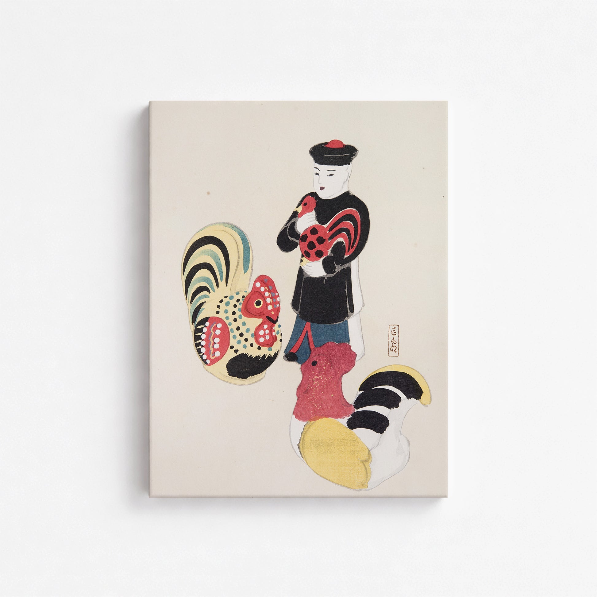 Kawasaki Kyosen: Kyosen’s Collected Illustrations of Japanese Toys Nr. 67 ("Cock & Keeper Ensemble"), 30x40cm Satin Canvas Art Reproduction