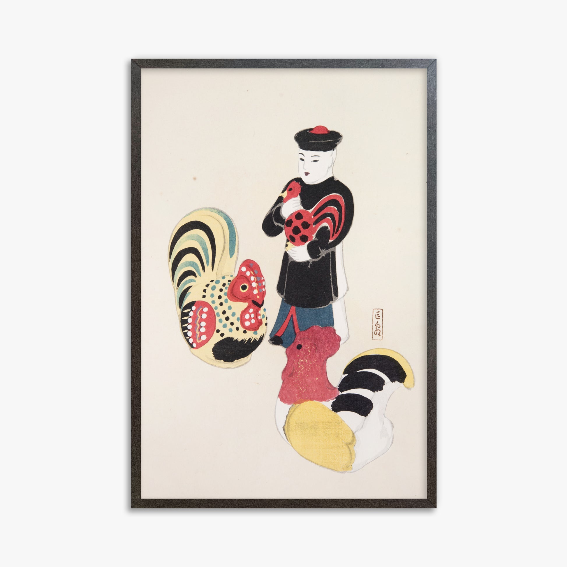 Kawasaki Kyosen: Kyosen’s Collected Illustrations of Japanese Toys Nr. 67 ("Cock & Keeper Ensemble"), 61x91cm Framed Art Reproduction With Espresso Frame