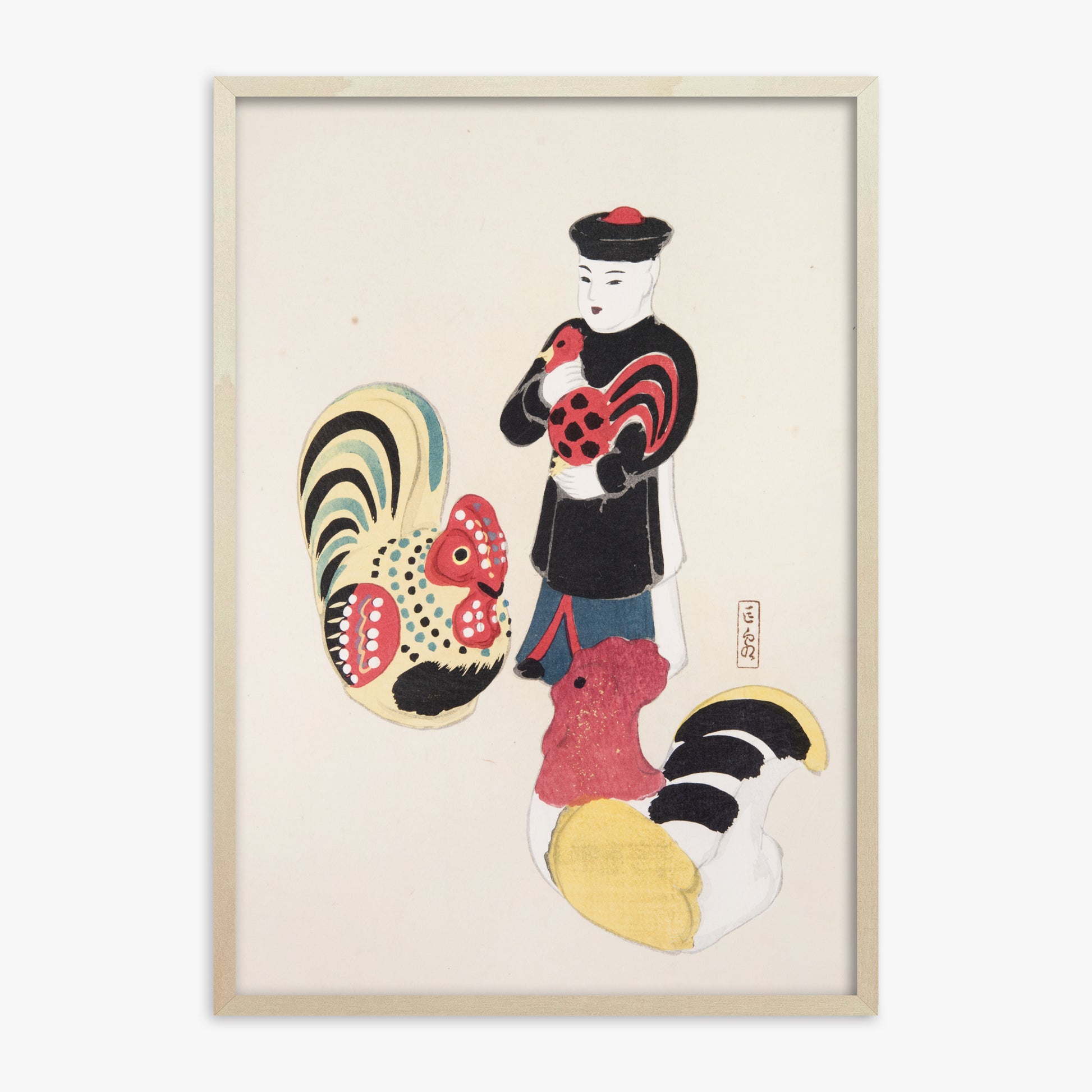 Kawasaki Kyosen: Kyosen’s Collected Illustrations of Japanese Toys Nr. 67 ("Cock & Keeper Ensemble"), 70x100cm Framed Art Reproduction With Lime Wood Frame