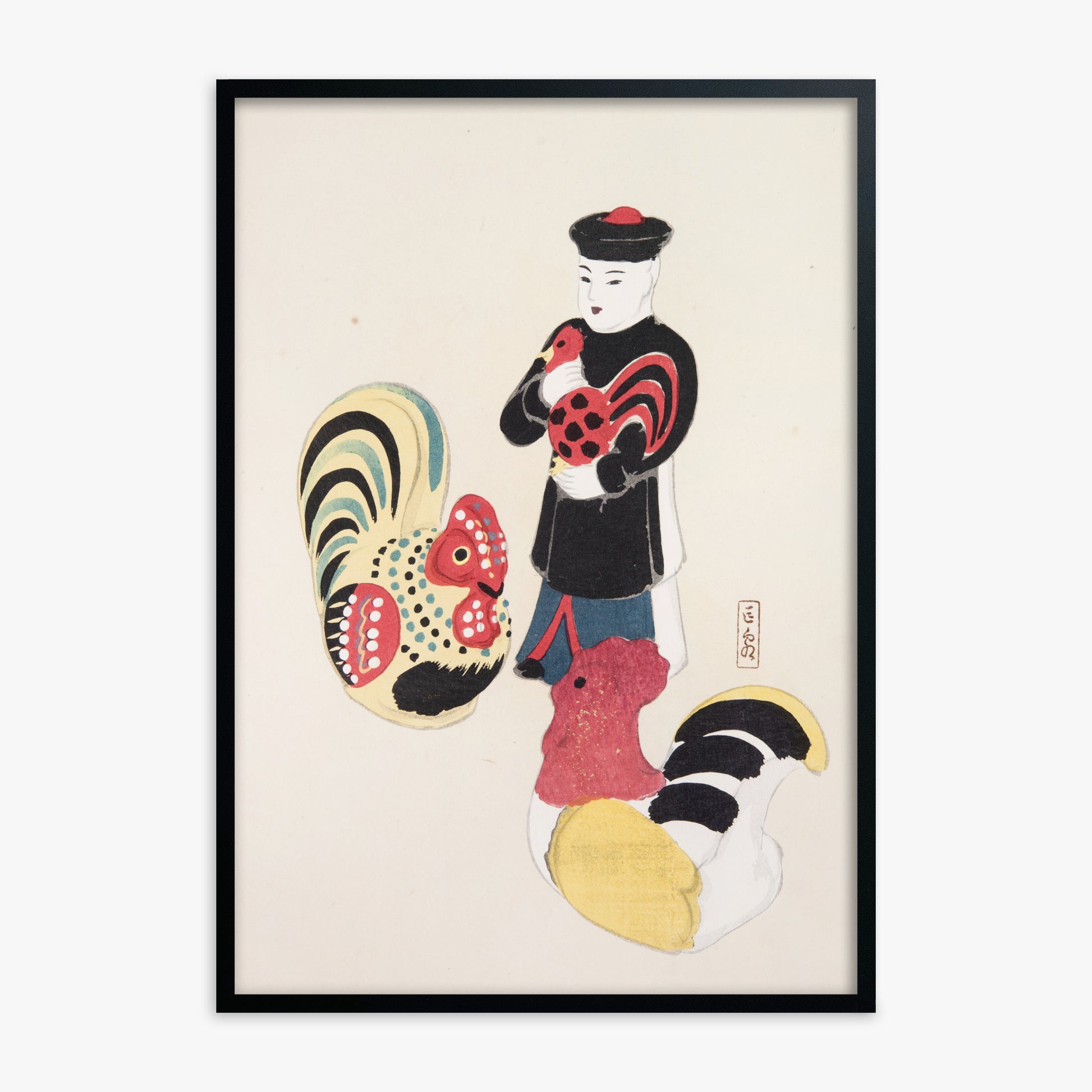 Kawasaki Kyosen: Kyosen’s Collected Illustrations of Japanese Toys Nr. 67 ("Cock & Keeper Ensemble"), Black Framed Art Reproduction With Black Frame