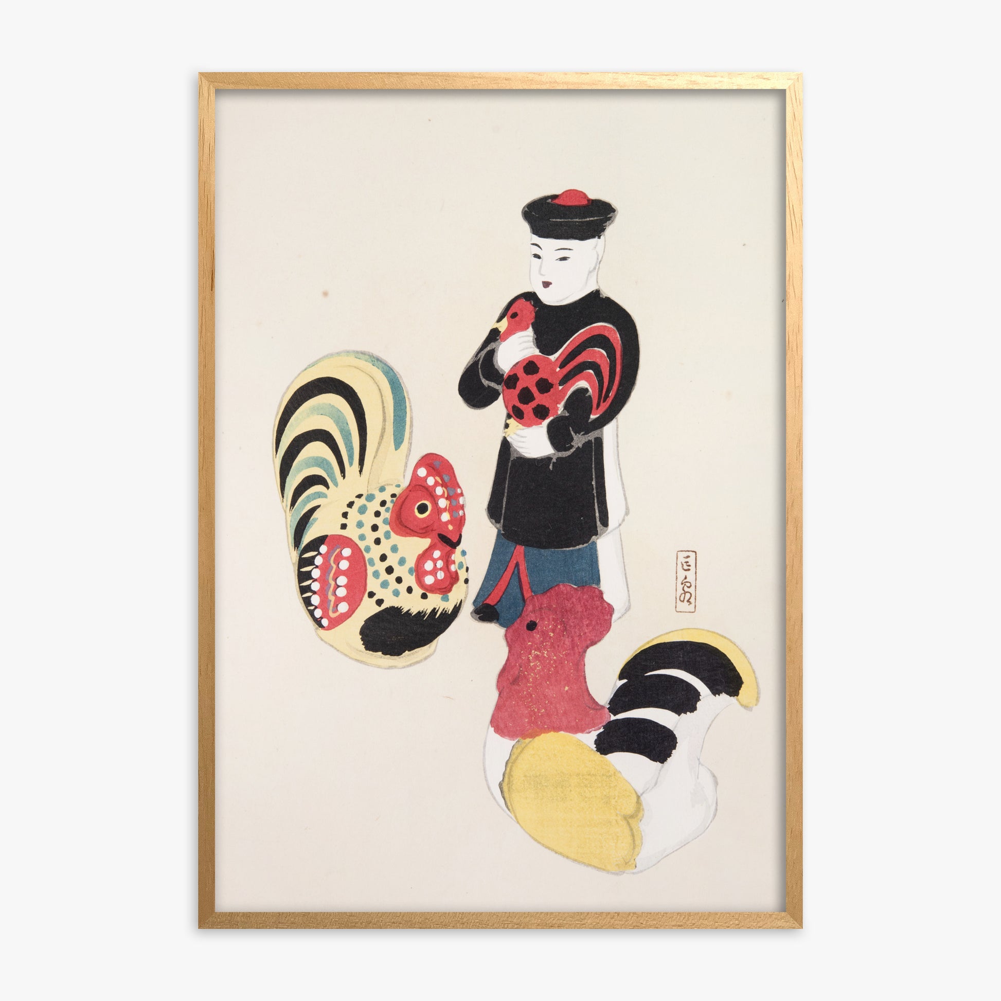 Kawasaki Kyosen: Kyosen’s Collected Illustrations of Japanese Toys Nr. 67 ("Cock & Keeper Ensemble"), Oak Framed Art Reproduction With Oak Frame