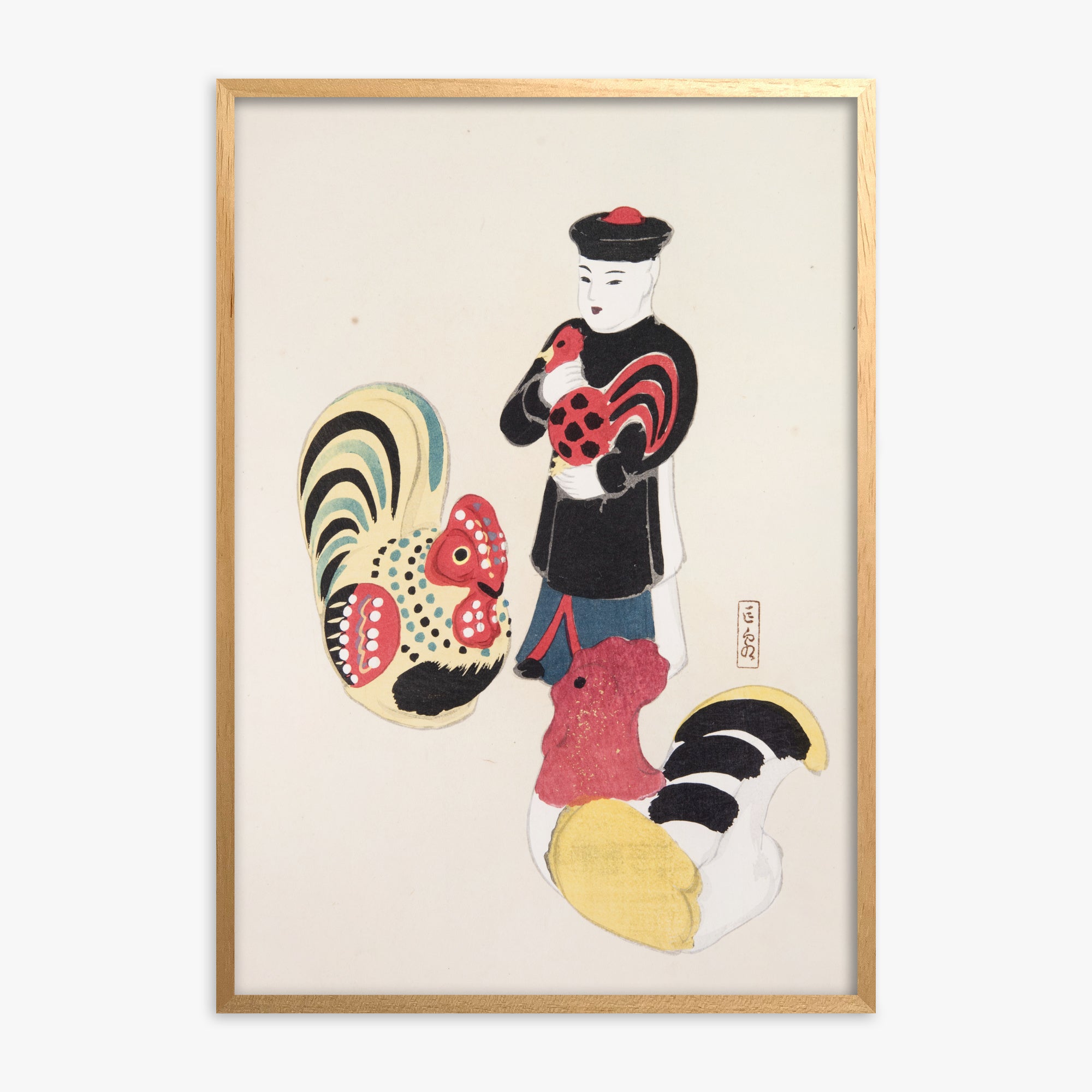 Kawasaki Kyosen: Kyosen’s Collected Illustrations of Japanese Toys Nr. 67 ("Cock & Keeper Ensemble"), Oak Framed Art Reproduction With Oak Frame
