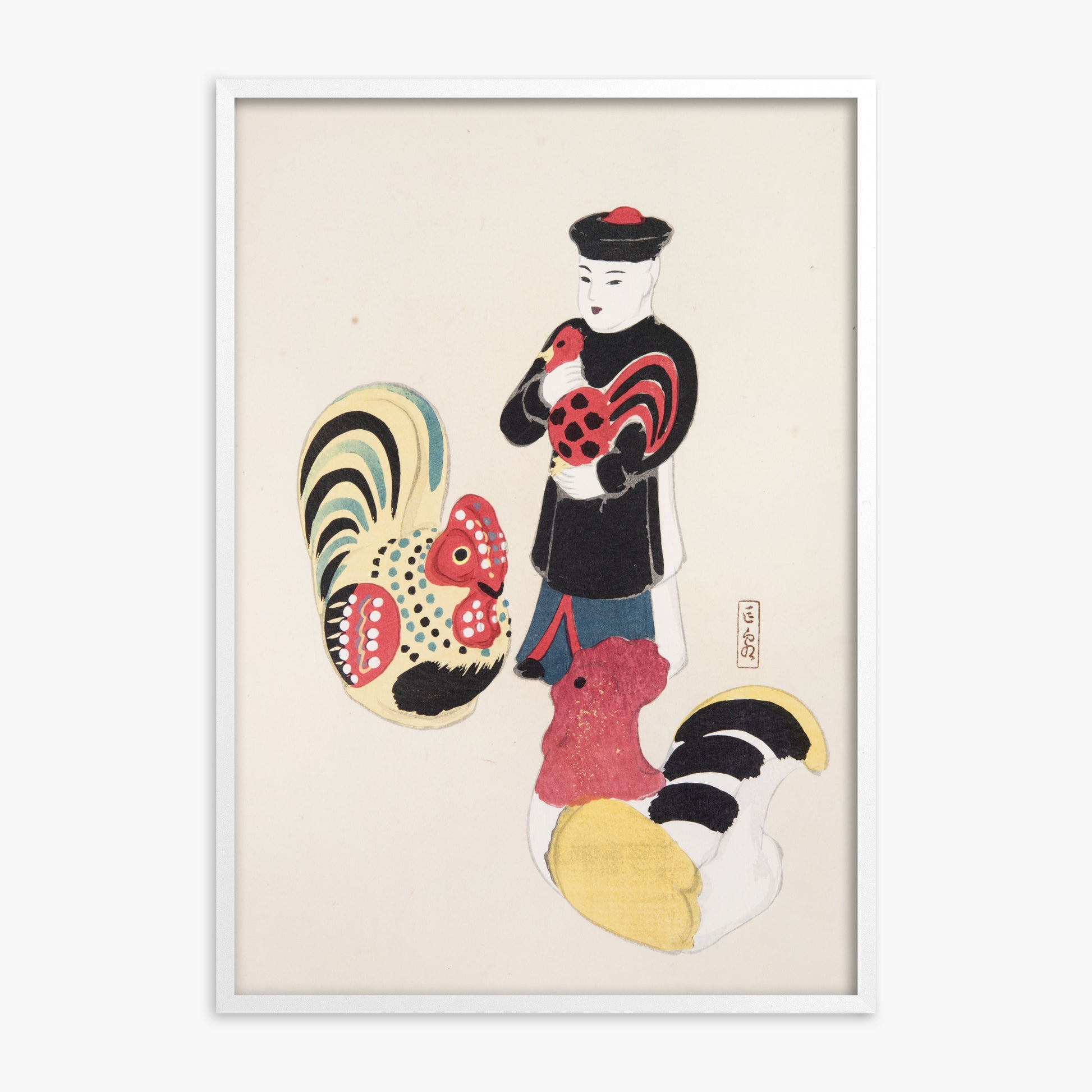Kawasaki Kyosen: Kyosen’s Collected Illustrations of Japanese Toys Nr. 67 ("Cock & Keeper Ensemble"), White Framed Art Reproduction With White Frame
