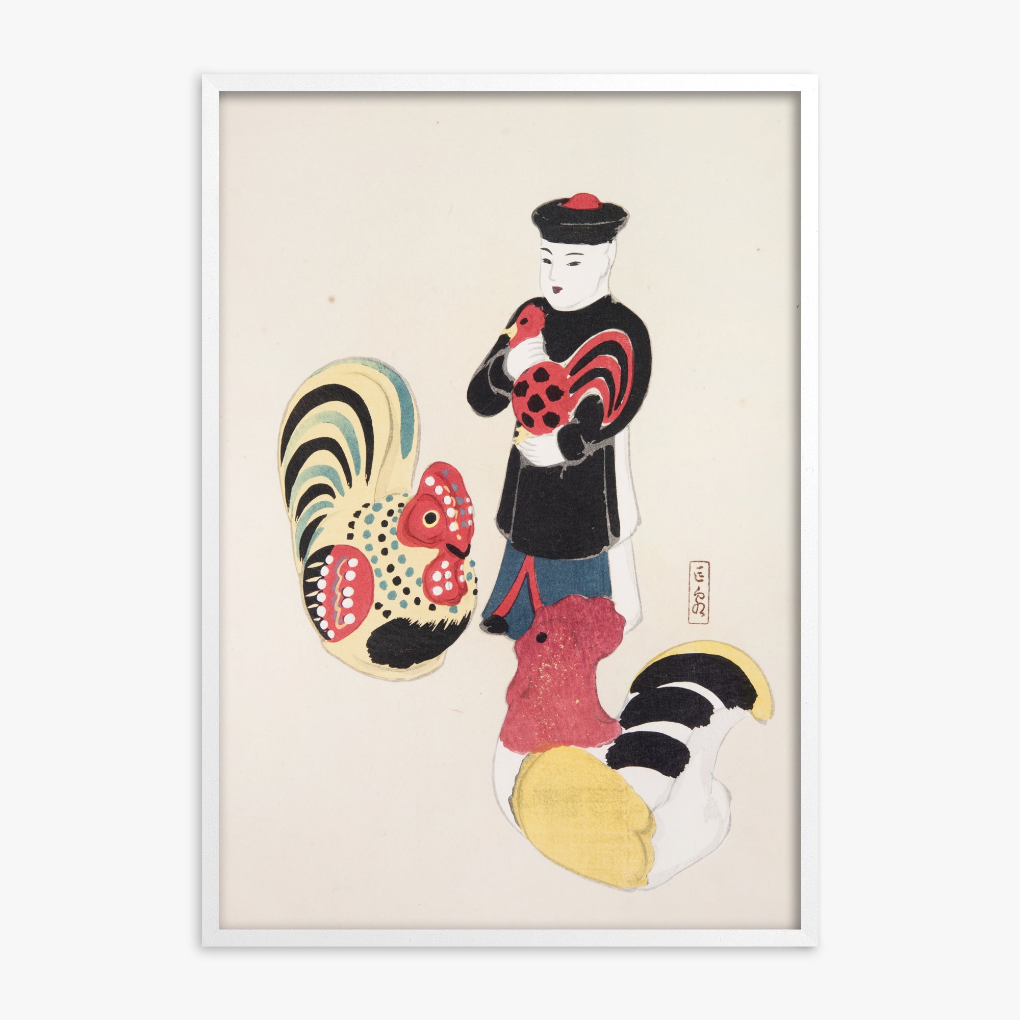 Kawasaki Kyosen: Kyosen’s Collected Illustrations of Japanese Toys Nr. 67 ("Cock & Keeper Ensemble"), White Framed Art Reproduction With White Frame