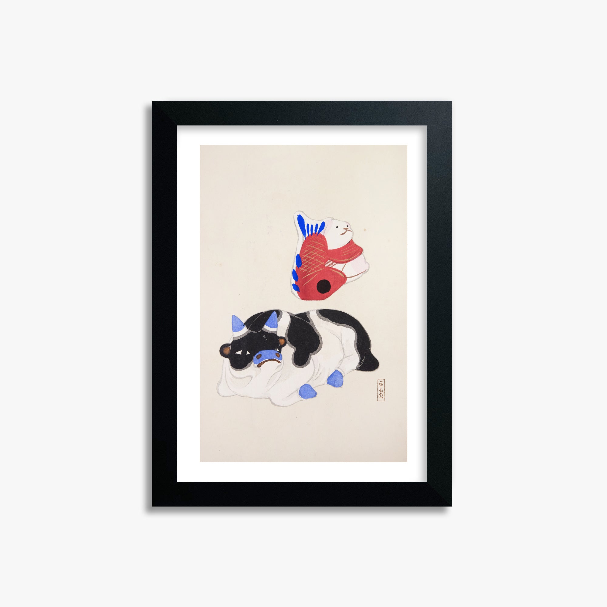 Kawasaki Kyosen: Kyosen’s Collected Illustrations of Japanese Toys Nr. 68 ("Carp atop Blue‐Horn Ox"), 21x30cm Framed Art Reproduction With Black Frame