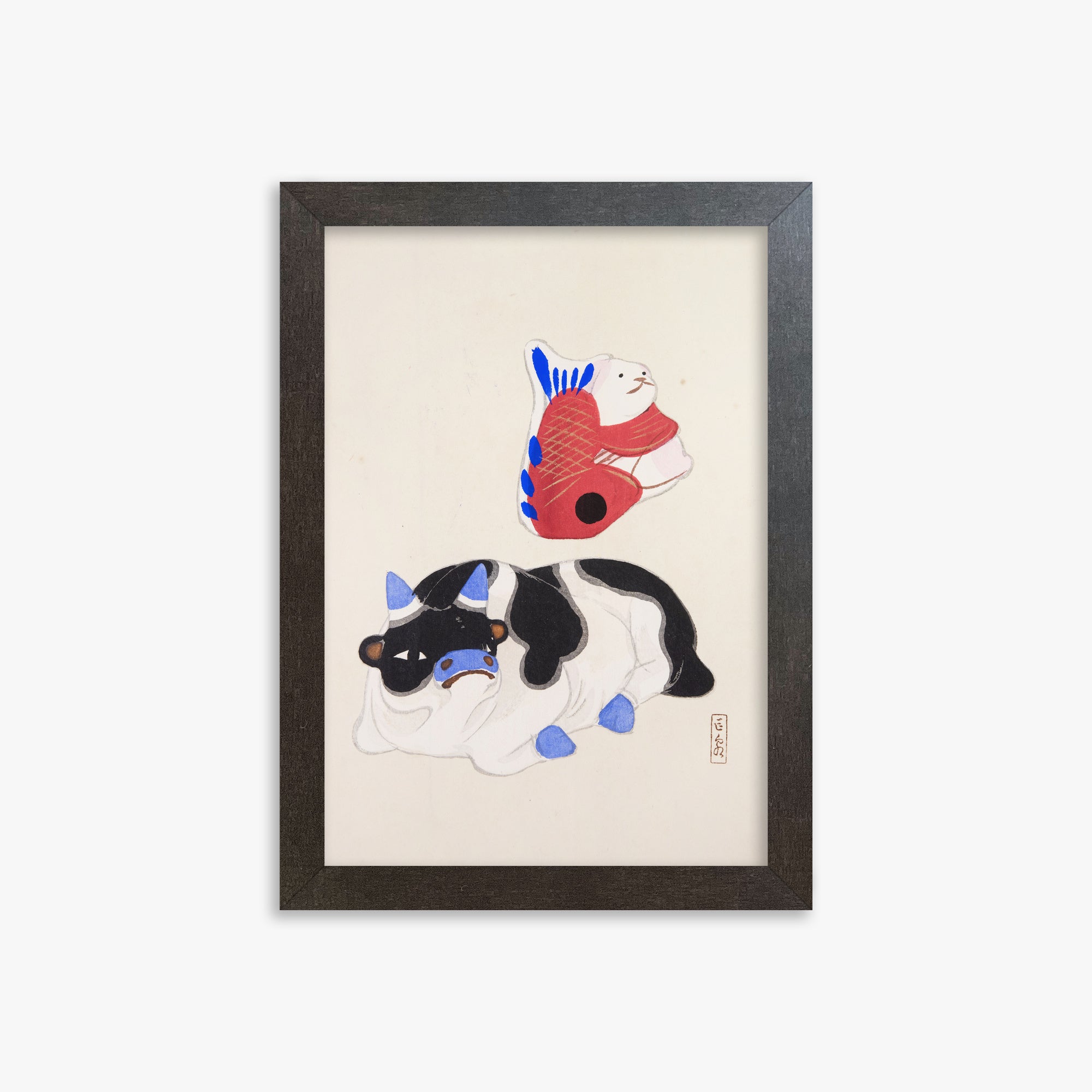 Kawasaki Kyosen: Kyosen’s Collected Illustrations of Japanese Toys Nr. 68 ("Carp atop Blue‐Horn Ox"), 21x30cm Framed Art Reproduction With Espresso Frame