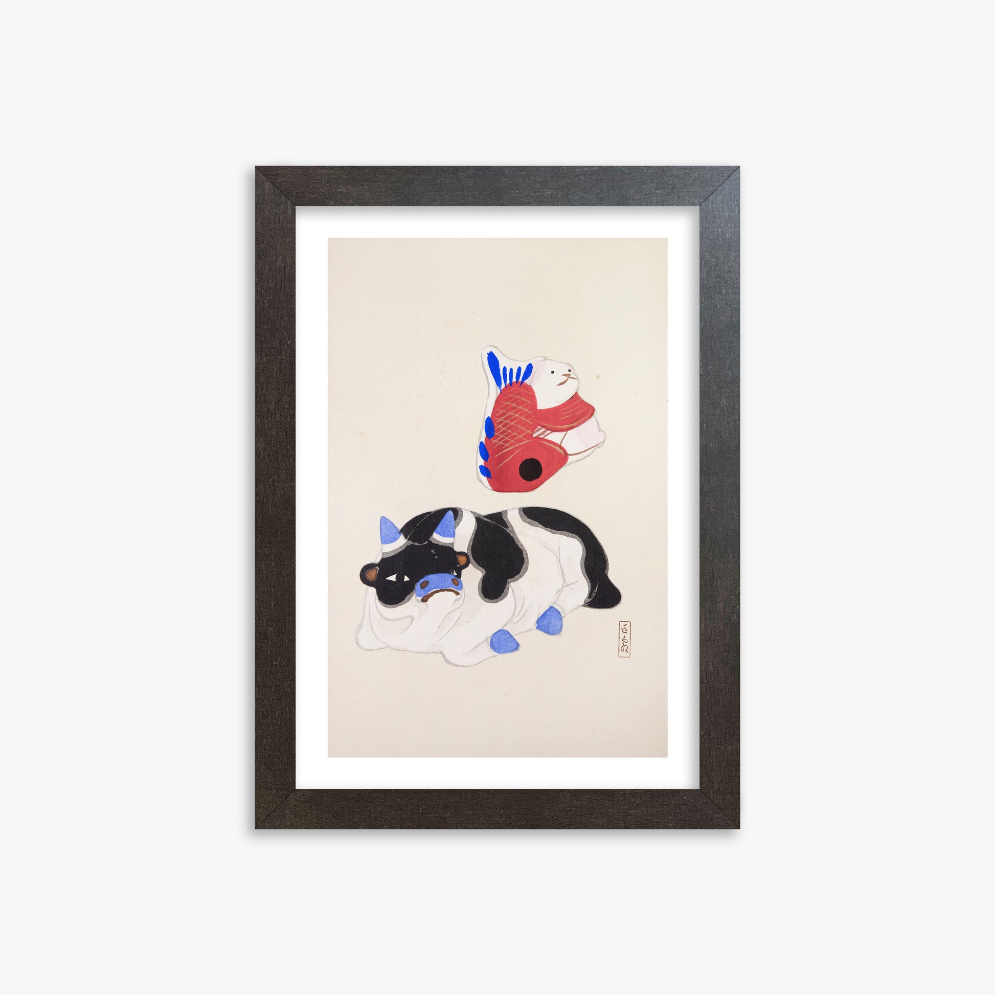 Kawasaki Kyosen: Kyosen’s Collected Illustrations of Japanese Toys Nr. 68 ("Carp atop Blue‐Horn Ox"), 21x30cm Framed Art Reproduction With Espresso Frame