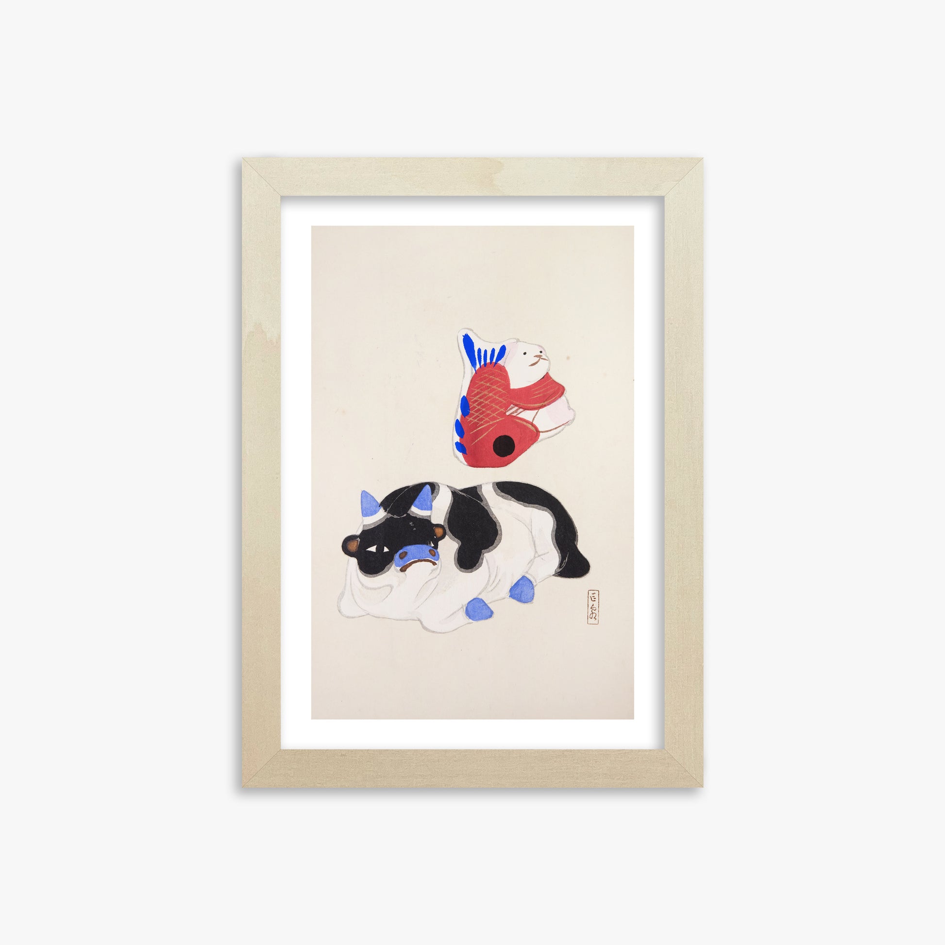 Kawasaki Kyosen: Kyosen’s Collected Illustrations of Japanese Toys Nr. 68 ("Carp atop Blue‐Horn Ox"), 21x30cm Framed Art Reproduction With Lime Wood Frame