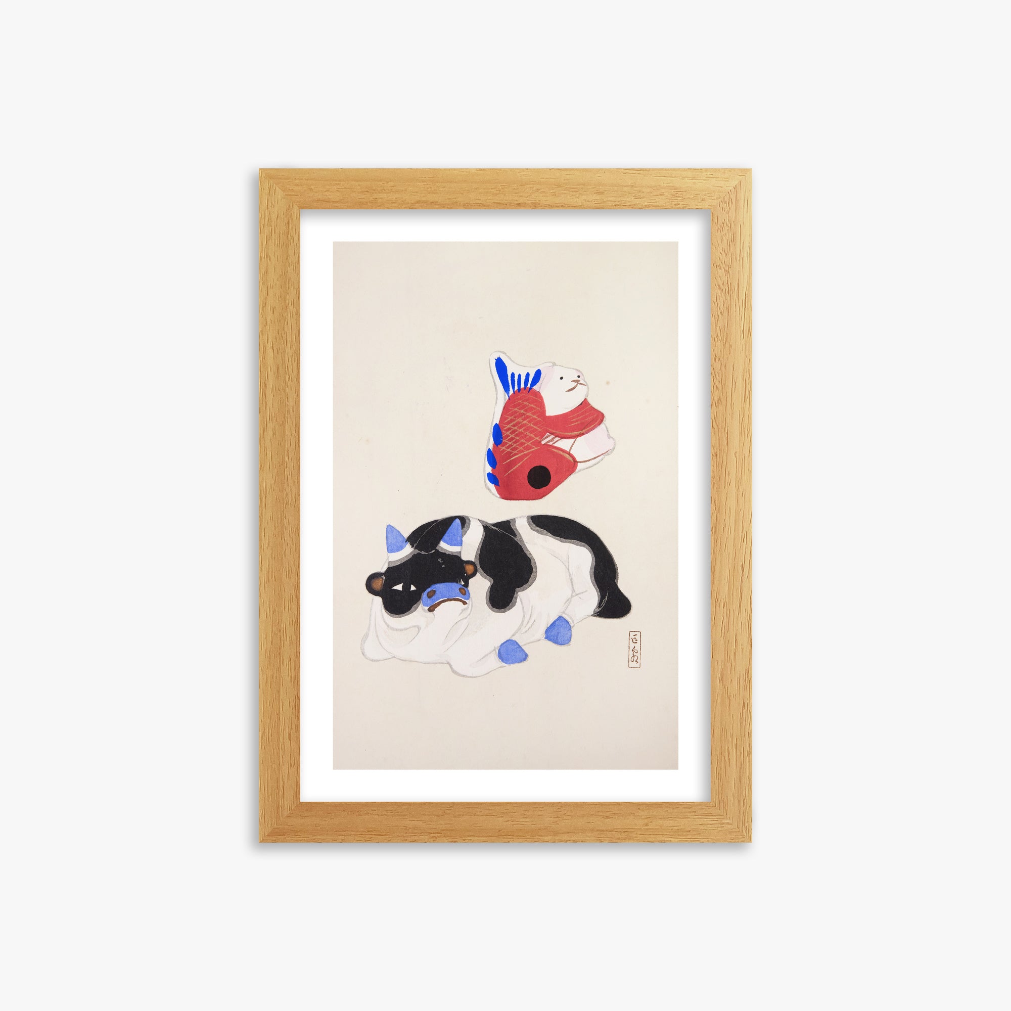Kawasaki Kyosen: Kyosen’s Collected Illustrations of Japanese Toys Nr. 68 ("Carp atop Blue‐Horn Ox"), 21x30cm Framed Art Reproduction With Oak Frame