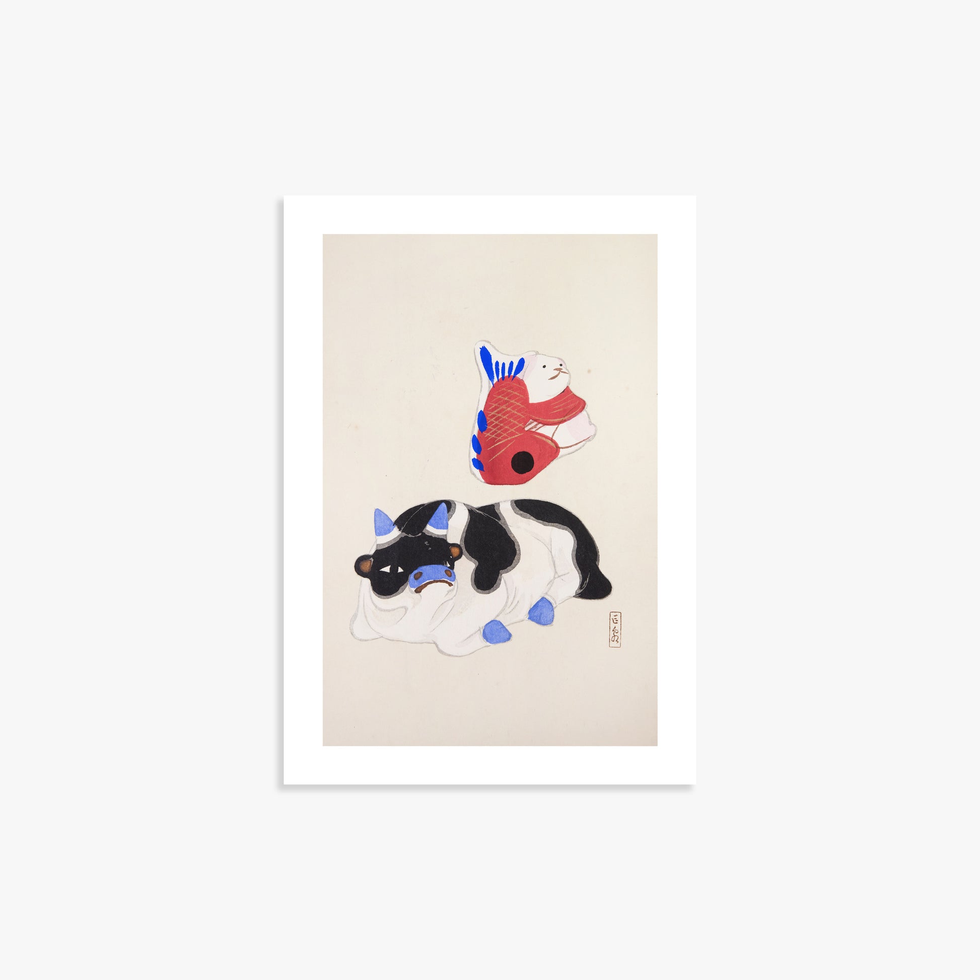 Kawasaki Kyosen: Kyosen’s Collected Illustrations of Japanese Toys Nr. 68 ("Carp atop Blue‐Horn Ox"), 21x30cm Art Reproduction Unframed