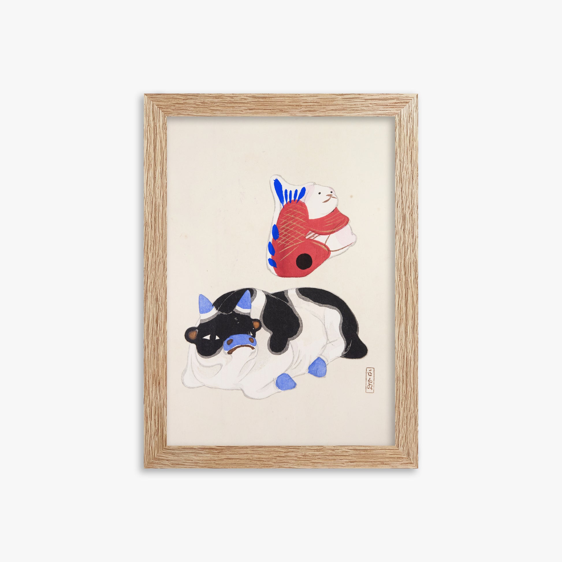 Kawasaki Kyosen: Kyosen’s Collected Illustrations of Japanese Toys Nr. 68 ("Carp atop Blue‐Horn Ox"), 21x30cm Framed Art Reproduction With Raw Oak Frame