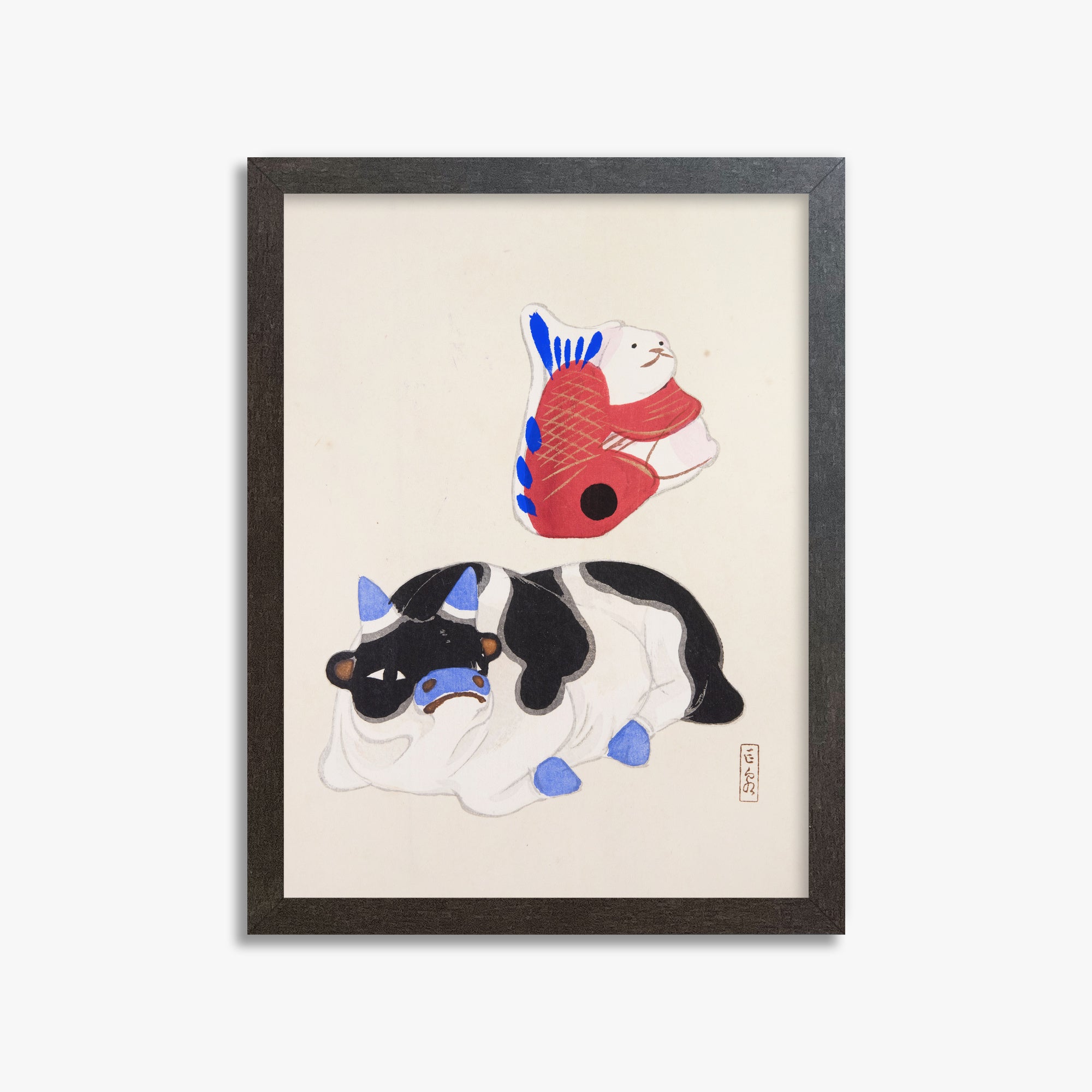 Kawasaki Kyosen: Kyosen’s Collected Illustrations of Japanese Toys Nr. 68 ("Carp atop Blue‐Horn Ox"), 30x40cm Framed Art Reproduction With Espresso Frame