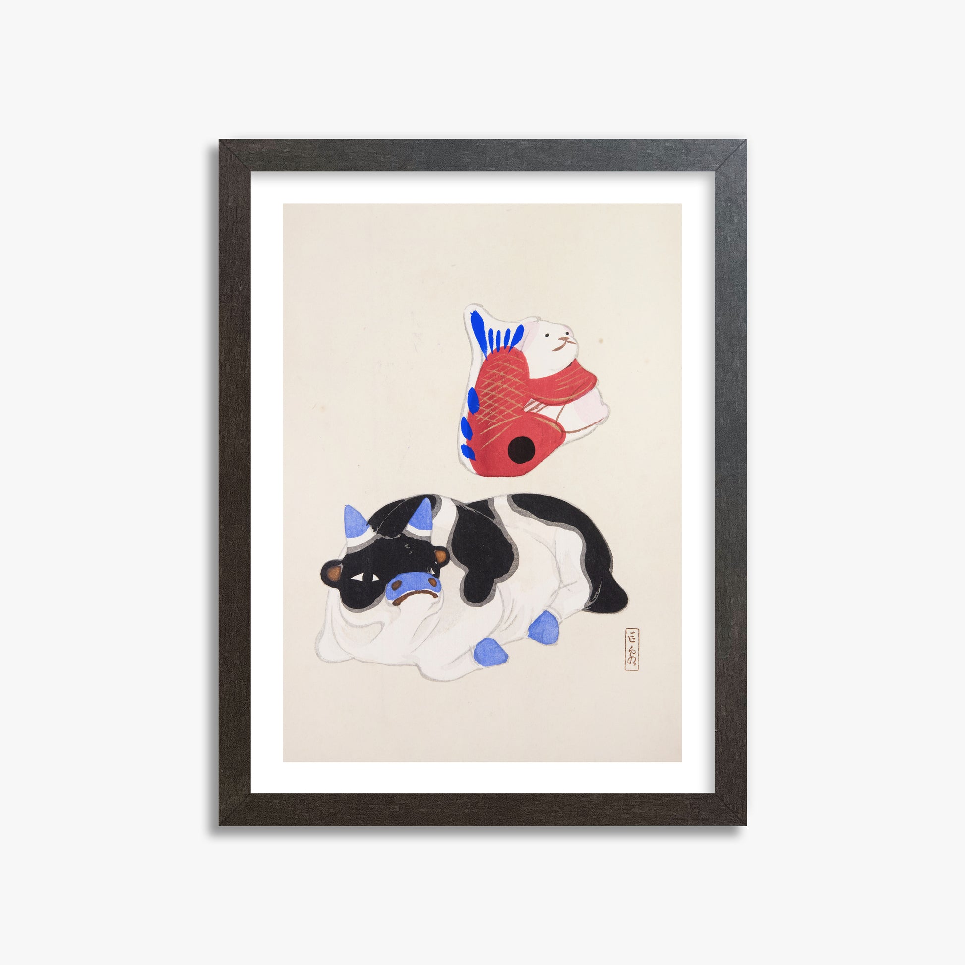 Kawasaki Kyosen: Kyosen’s Collected Illustrations of Japanese Toys Nr. 68 ("Carp atop Blue‐Horn Ox"), 30x40cm Framed Art Reproduction With Espresso Frame