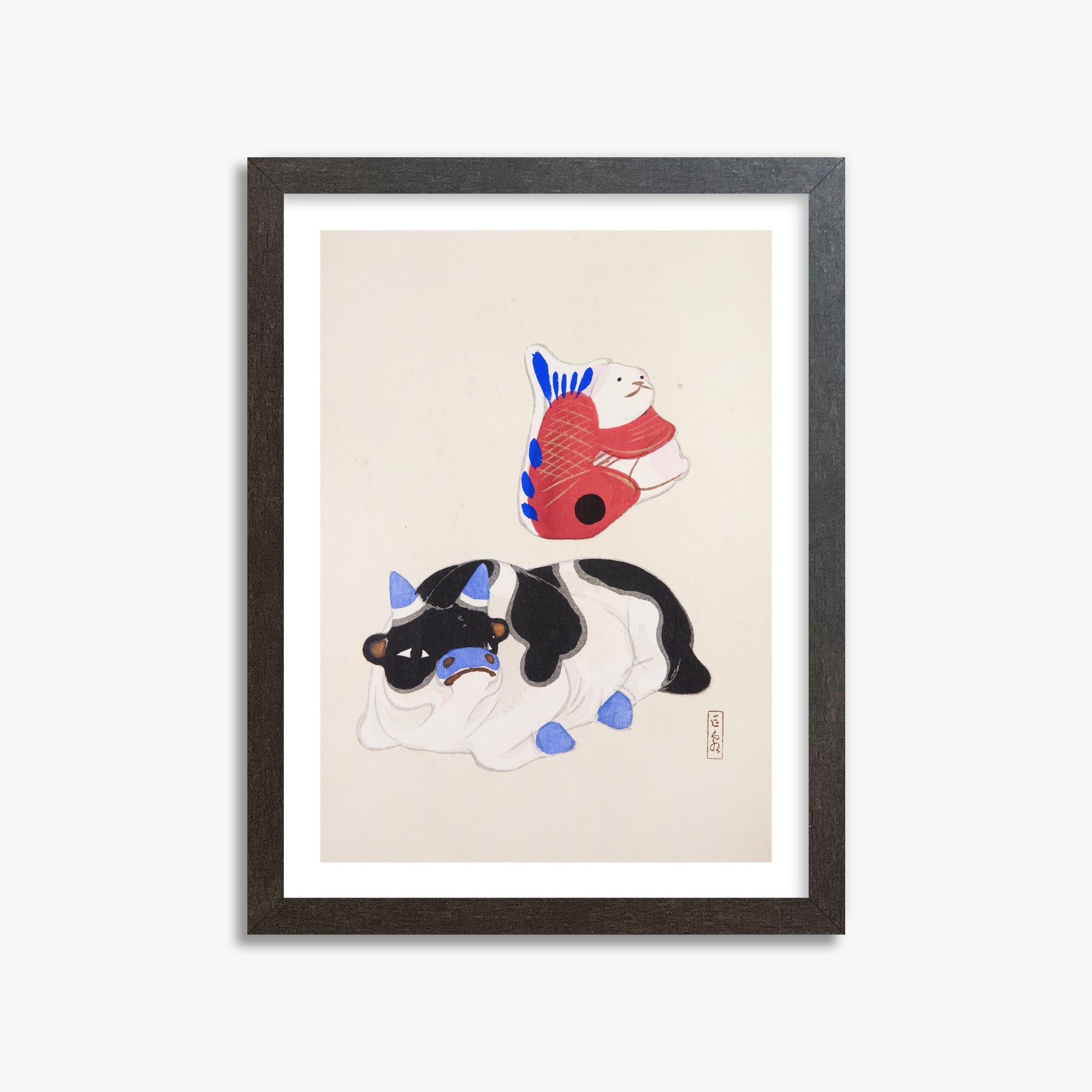 Kawasaki Kyosen: Kyosen’s Collected Illustrations of Japanese Toys Nr. 68 ("Carp atop Blue‐Horn Ox"), 30x40cm Framed Art Reproduction With Espresso Frame
