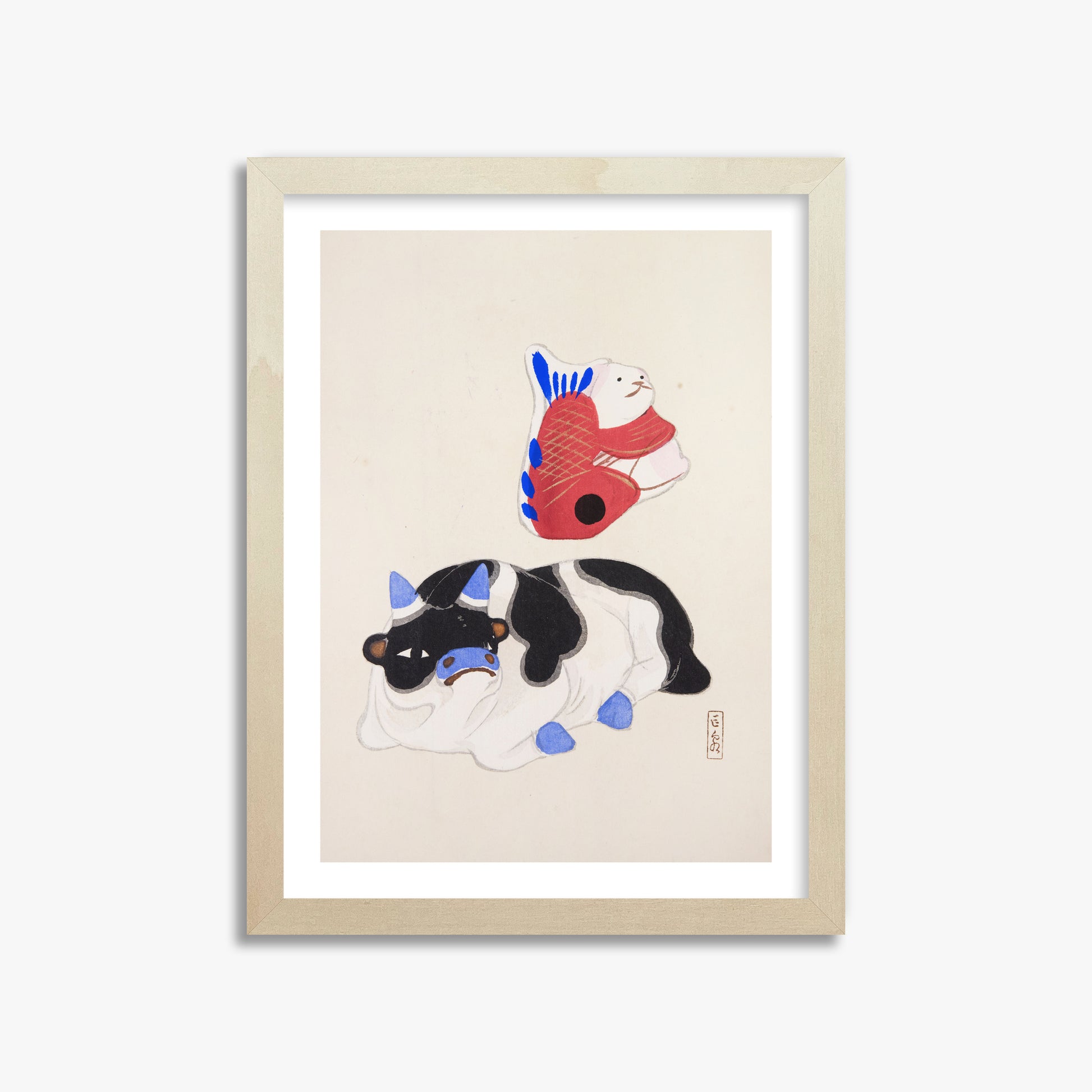 Kawasaki Kyosen: Kyosen’s Collected Illustrations of Japanese Toys Nr. 68 ("Carp atop Blue‐Horn Ox"), 30x40cm Framed Art Reproduction With Lime Wood Frame