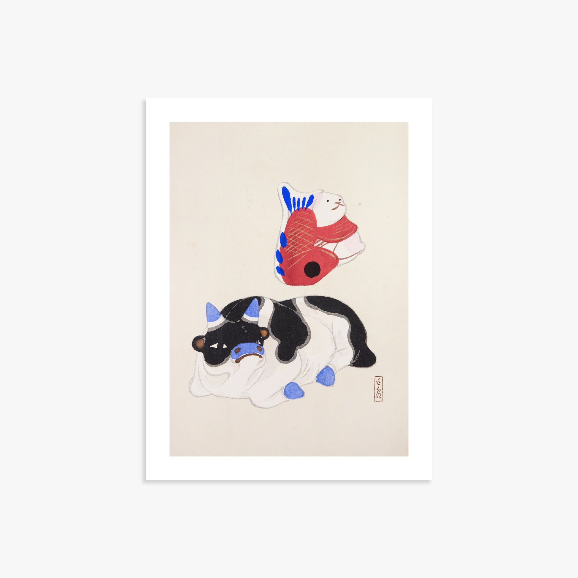 Kawasaki Kyosen: Kyosen’s Collected Illustrations of Japanese Toys Nr. 68 ("Carp atop Blue‐Horn Ox"), 30x40cm Art Reproduction Unframed
