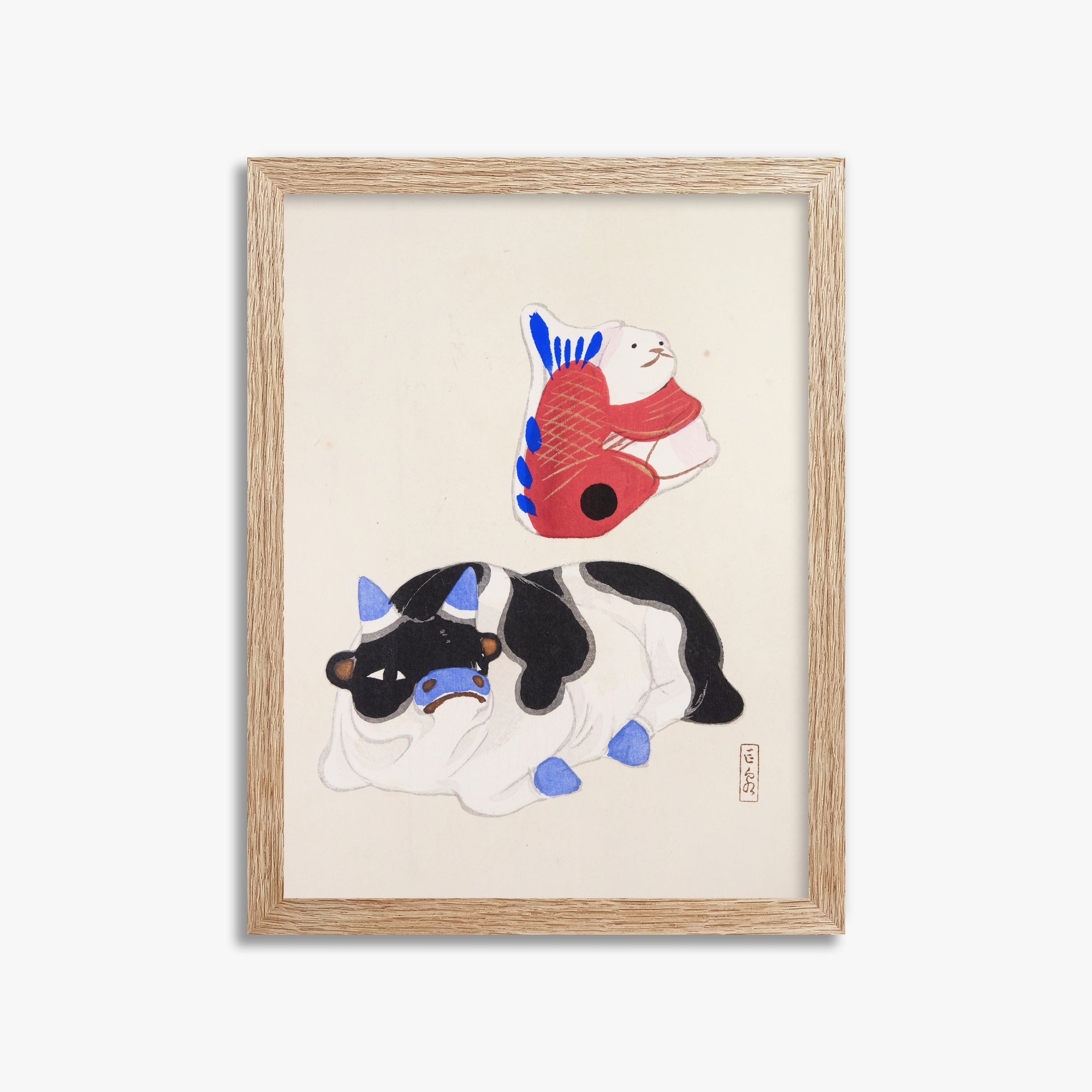 Kawasaki Kyosen: Kyosen’s Collected Illustrations of Japanese Toys Nr. 68 ("Carp atop Blue‐Horn Ox"), 30x40cm Framed Art Reproduction With Raw Oak Frame