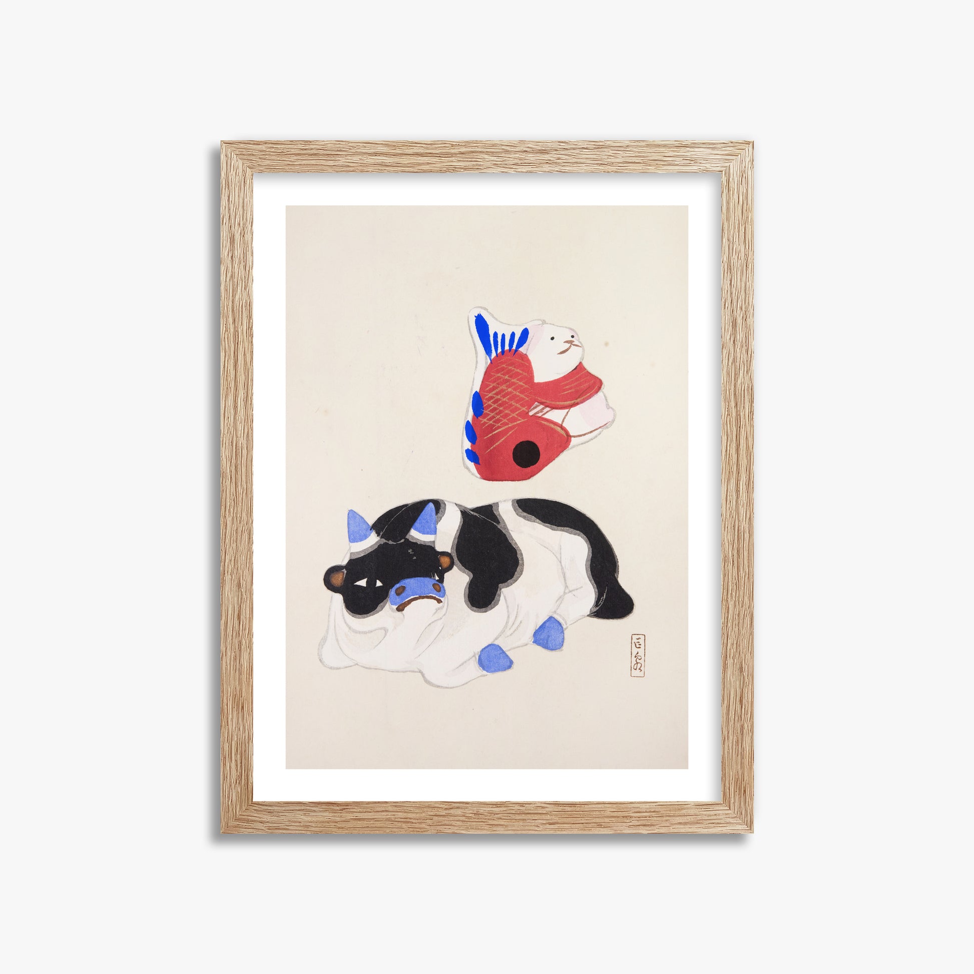 Kawasaki Kyosen: Kyosen’s Collected Illustrations of Japanese Toys Nr. 68 ("Carp atop Blue‐Horn Ox"), 30x40cm Framed Art Reproduction With Raw Oak Frame