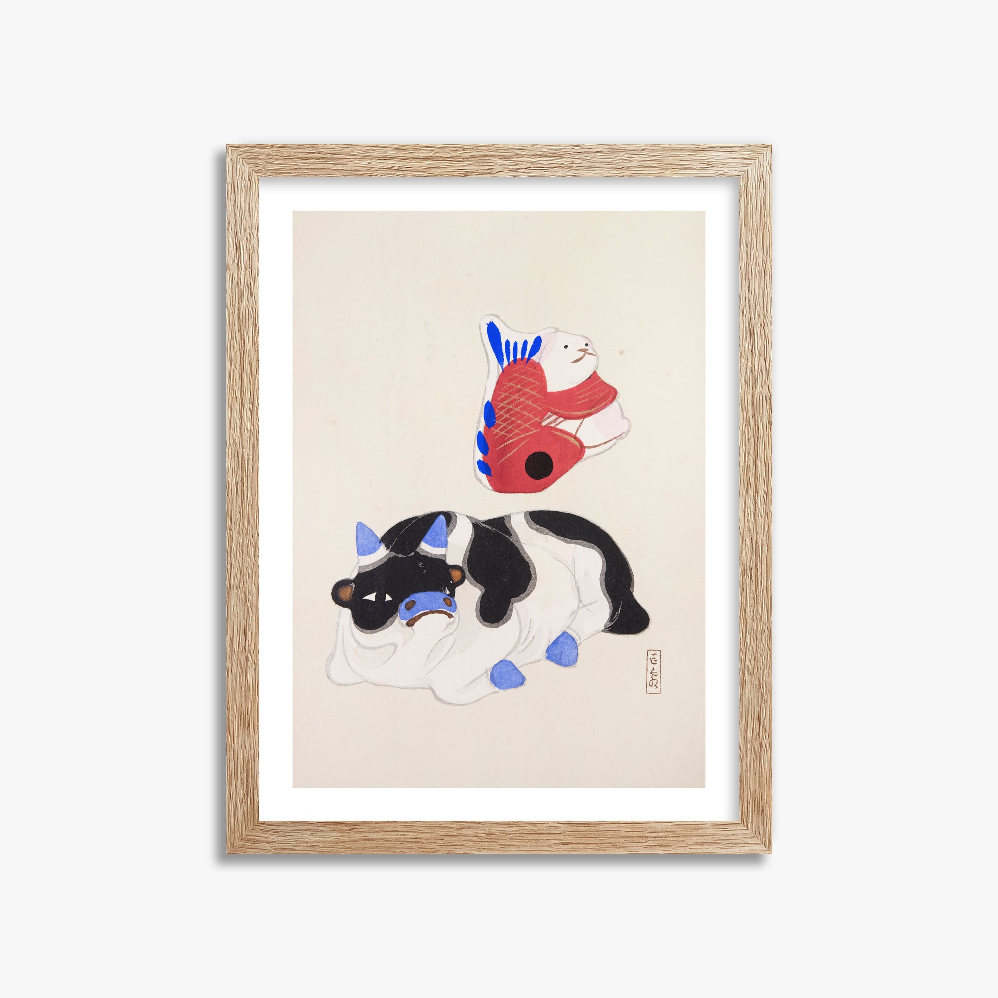 Kawasaki Kyosen: Kyosen’s Collected Illustrations of Japanese Toys Nr. 68 ("Carp atop Blue‐Horn Ox"), 30x40cm Framed Art Reproduction With Raw Oak Frame