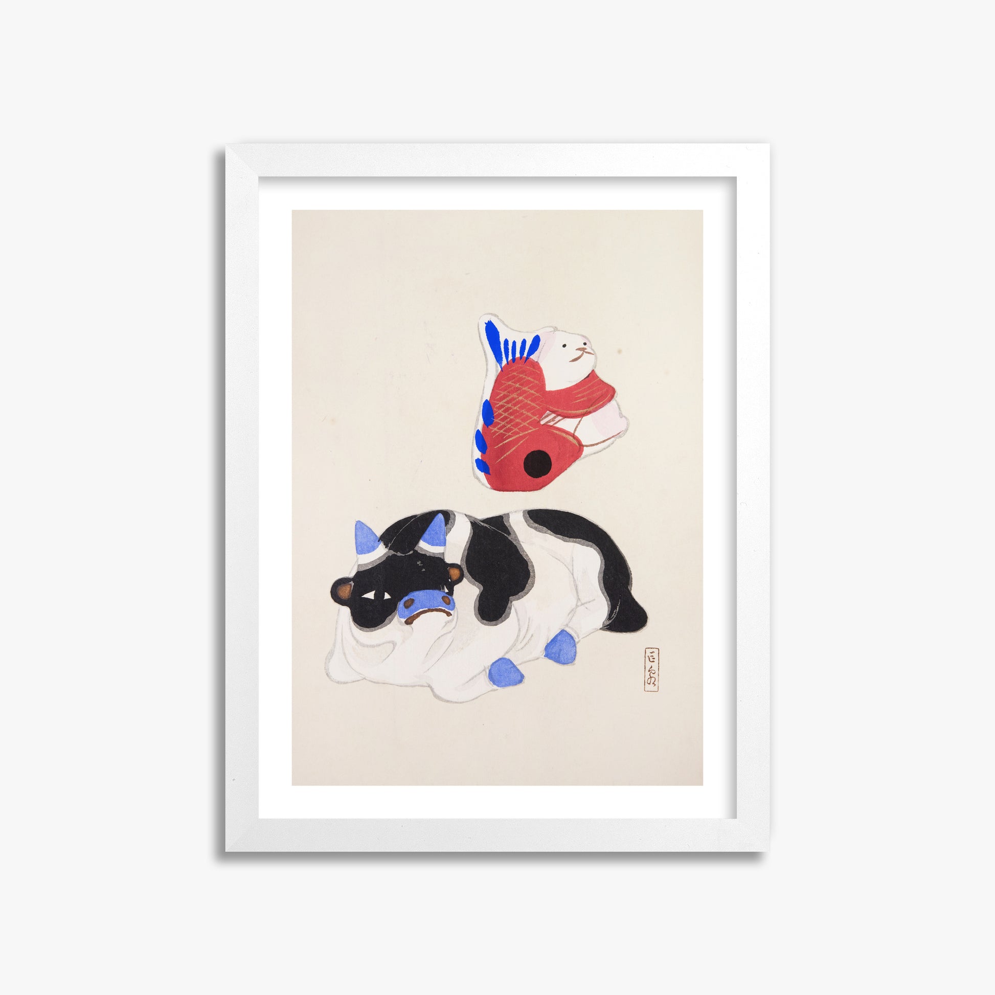 Kawasaki Kyosen: Kyosen’s Collected Illustrations of Japanese Toys Nr. 68 ("Carp atop Blue‐Horn Ox"), 30x40cm Framed Art Reproduction With White Frame