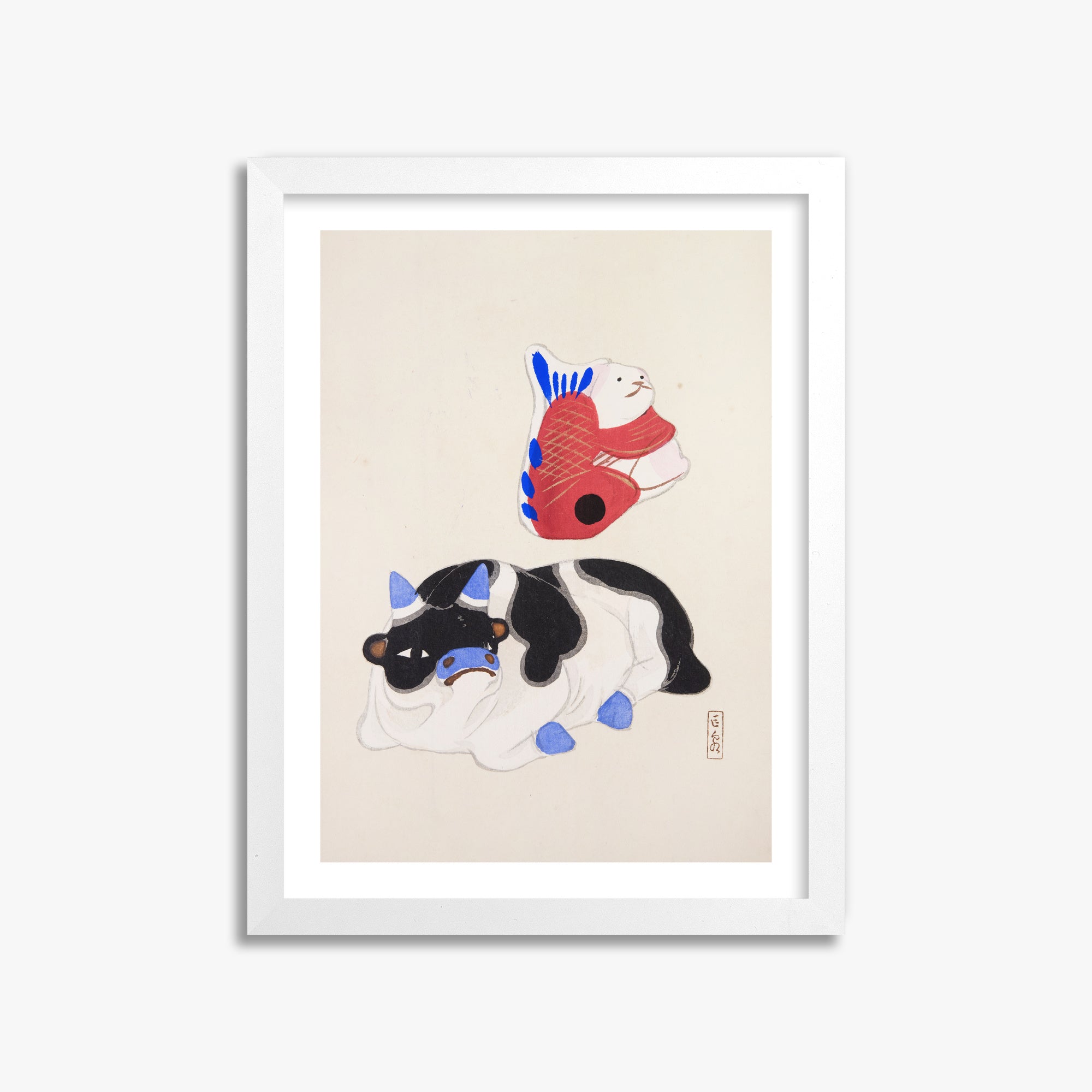 Kawasaki Kyosen: Kyosen’s Collected Illustrations of Japanese Toys Nr. 68 ("Carp atop Blue‐Horn Ox"), 30x40cm Framed Art Reproduction With White Frame
