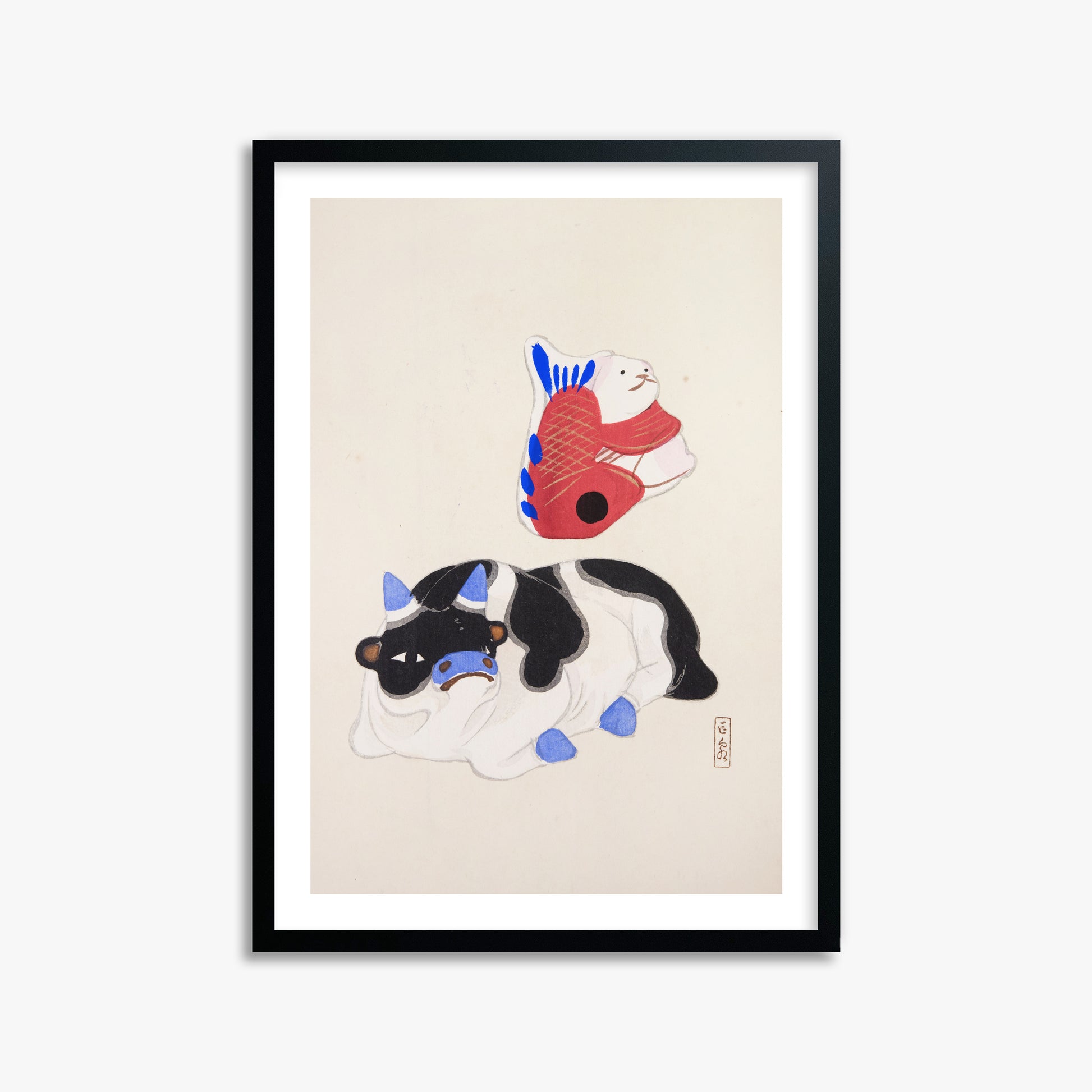 Kawasaki Kyosen: Kyosen’s Collected Illustrations of Japanese Toys Nr. 68 ("Carp atop Blue‐Horn Ox"), 50x70cm Framed Art Reproduction With Black Frame