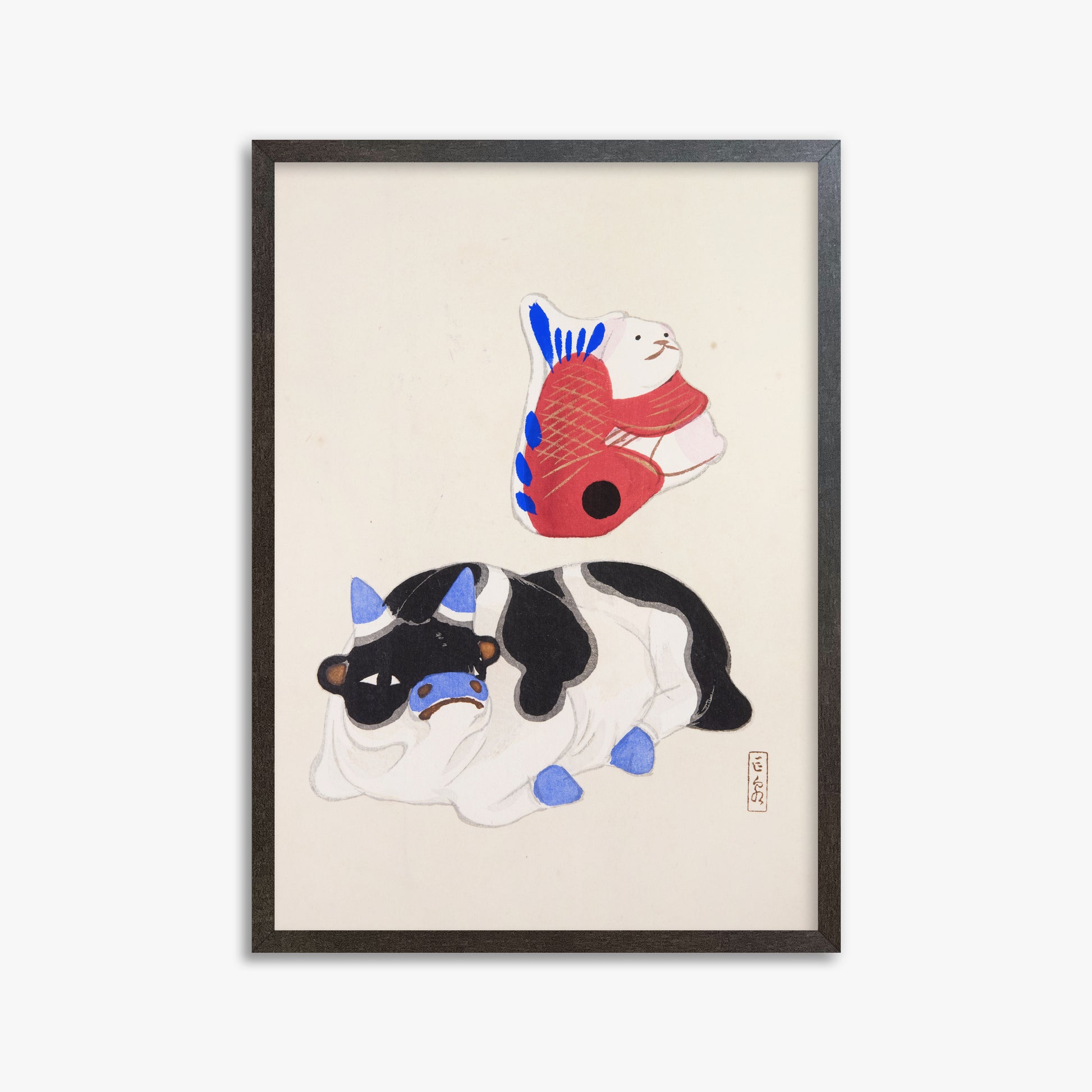 Kawasaki Kyosen: Kyosen’s Collected Illustrations of Japanese Toys Nr. 68 ("Carp atop Blue‐Horn Ox"), 50x70cm Framed Art Reproduction With Espresso Frame