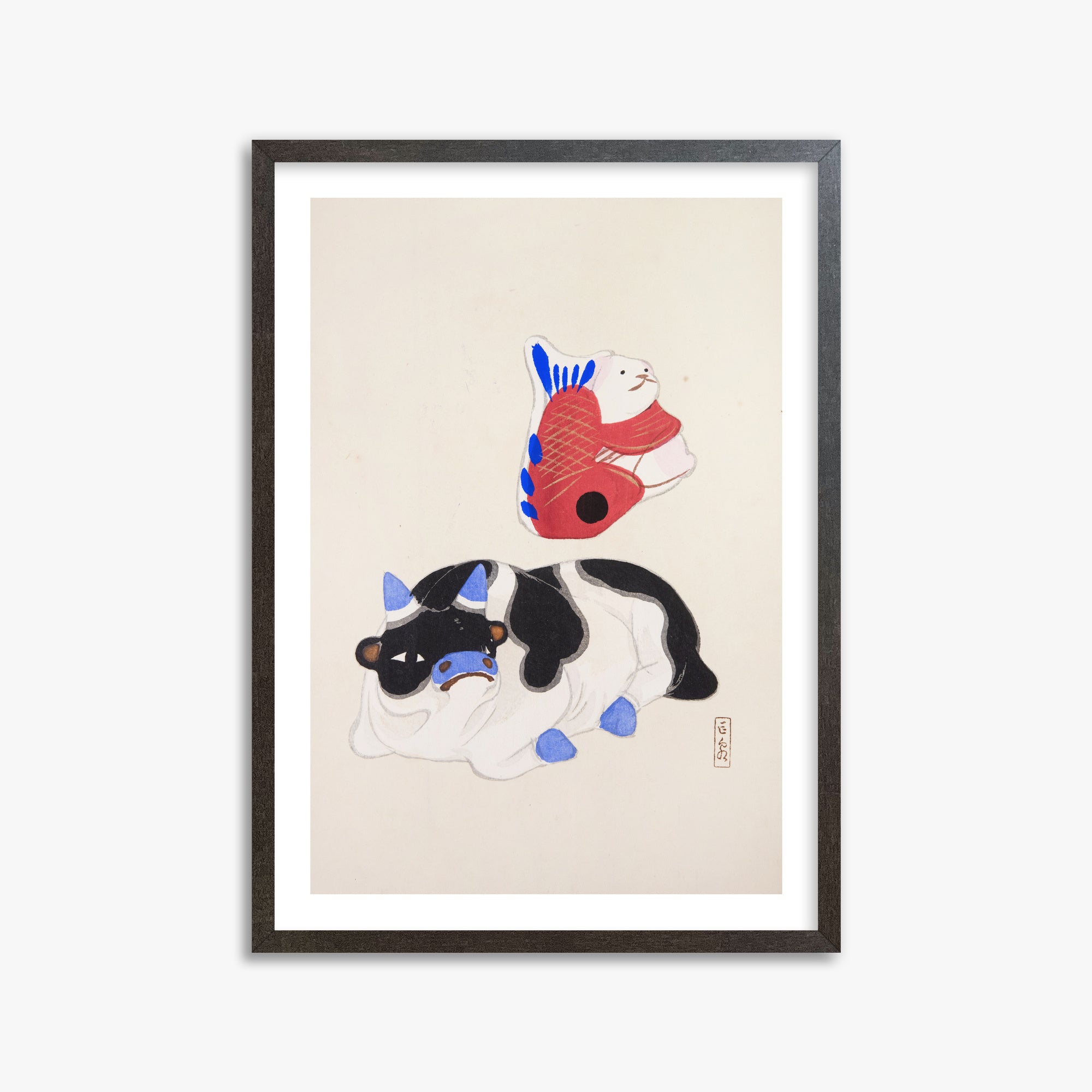 Kawasaki Kyosen: Kyosen’s Collected Illustrations of Japanese Toys Nr. 68 ("Carp atop Blue‐Horn Ox"), 50x70cm Framed Art Reproduction With Espresso Frame