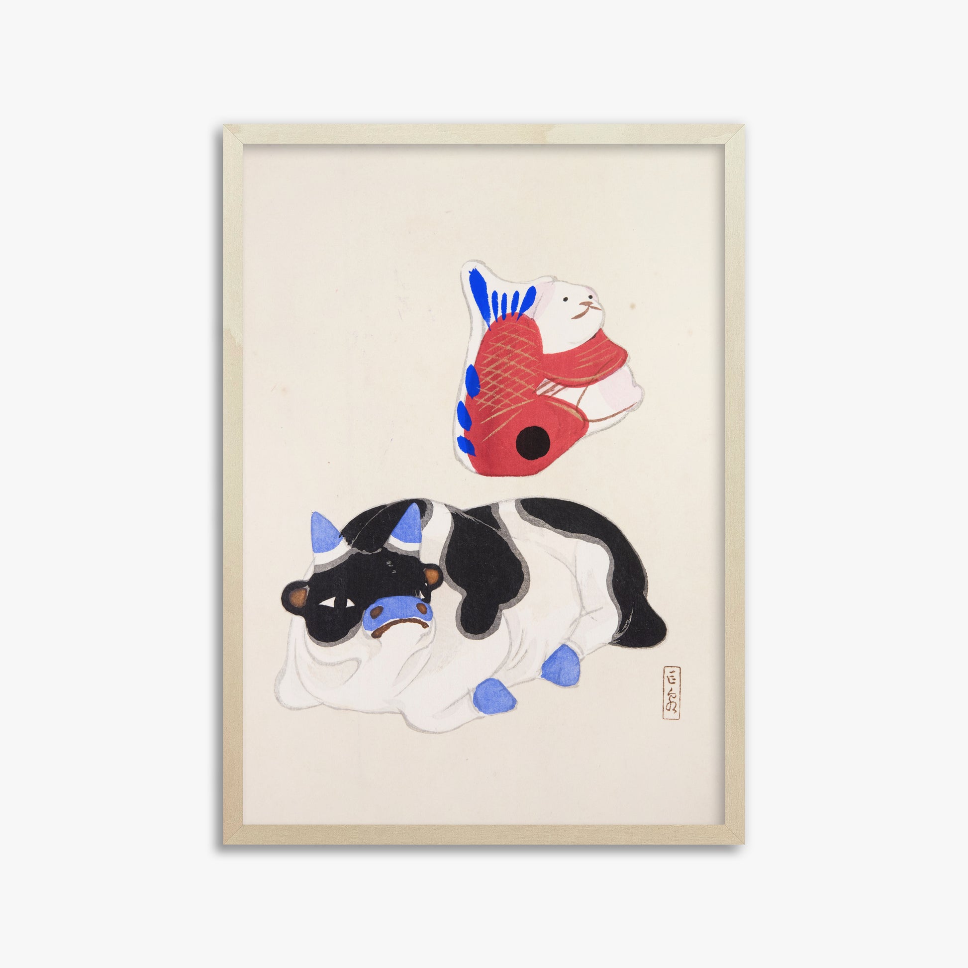 Kawasaki Kyosen: Kyosen’s Collected Illustrations of Japanese Toys Nr. 68 ("Carp atop Blue‐Horn Ox"), 50x70cm Framed Art Reproduction With Lime Wood Frame