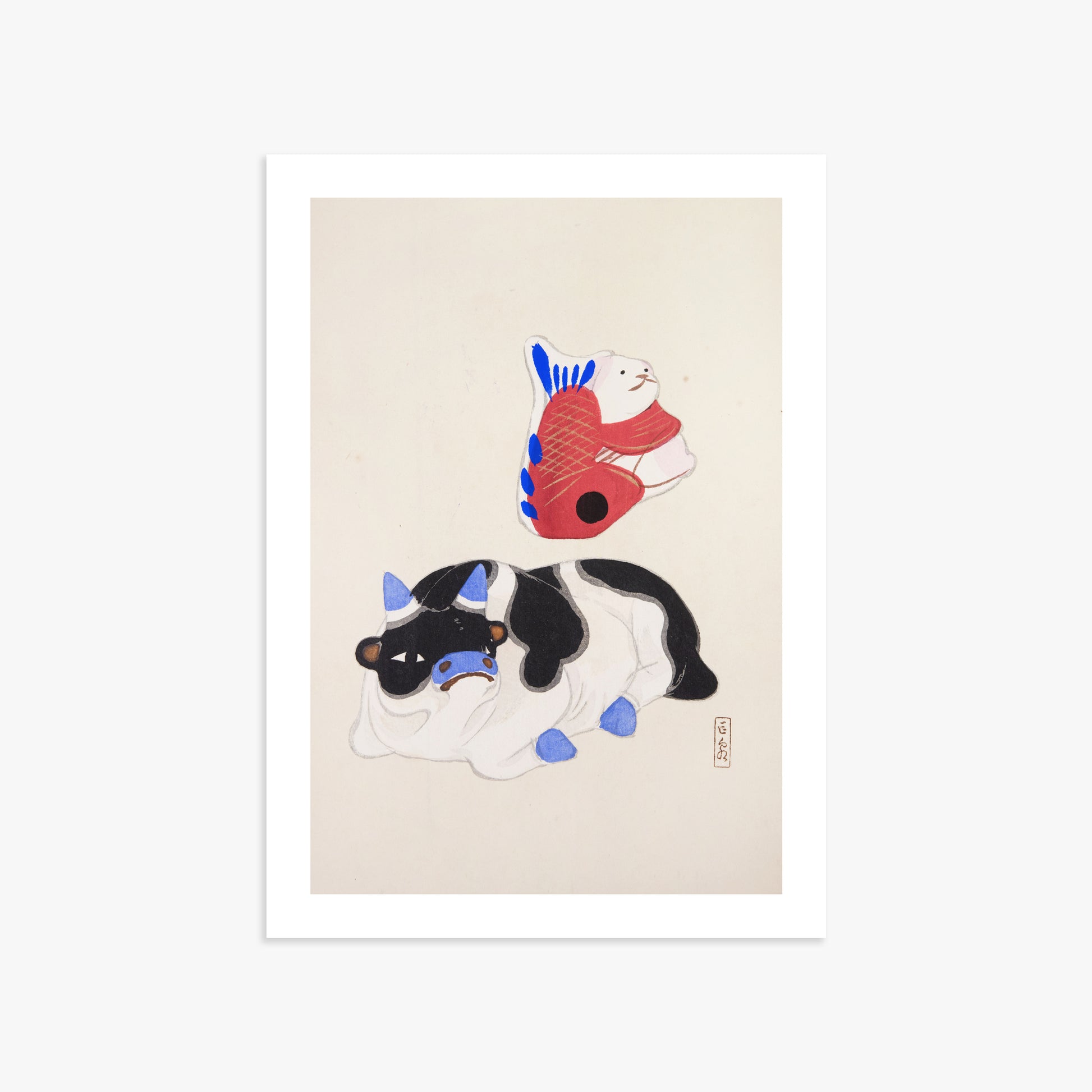 Kawasaki Kyosen: Kyosen’s Collected Illustrations of Japanese Toys Nr. 68 ("Carp atop Blue‐Horn Ox"), 50x70cm Art Reproduction Unframed