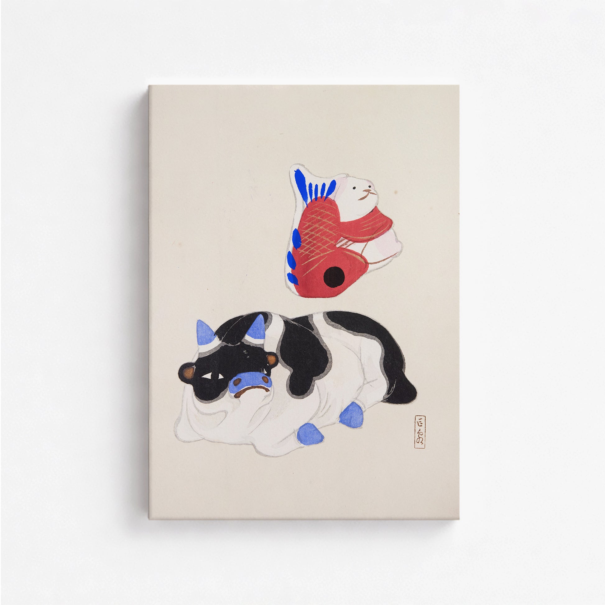 Kawasaki Kyosen: Kyosen’s Collected Illustrations of Japanese Toys Nr. 68 ("Carp atop Blue‐Horn Ox"), 50x70cm Satin Canvas Art Reproduction