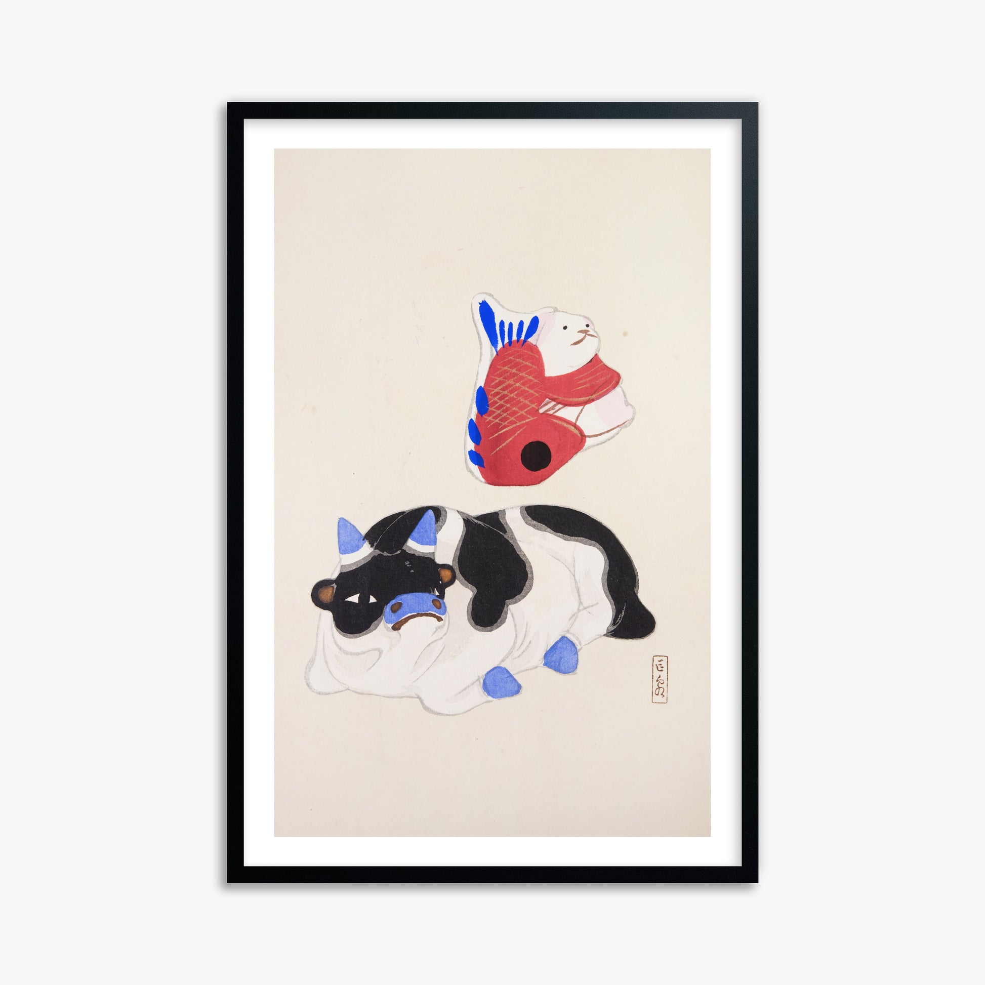 Kawasaki Kyosen: Kyosen’s Collected Illustrations of Japanese Toys Nr. 68 ("Carp atop Blue‐Horn Ox"), 61x91cm Framed Art Reproduction With Black Frame