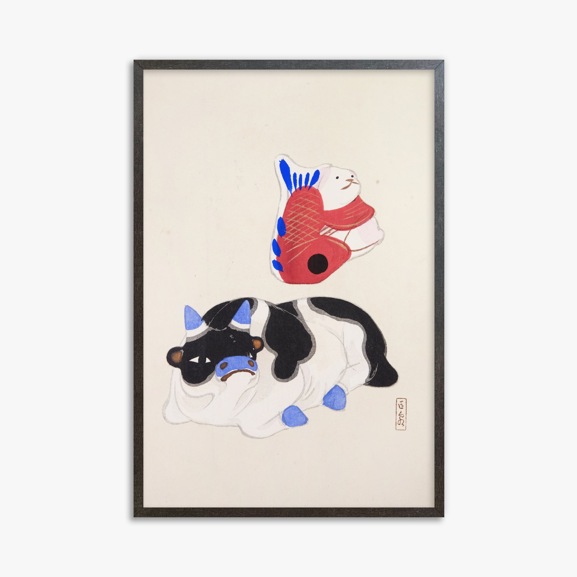 Kawasaki Kyosen: Kyosen’s Collected Illustrations of Japanese Toys Nr. 68 ("Carp atop Blue‐Horn Ox"), 61x91cm Framed Art Reproduction With Espresso Frame