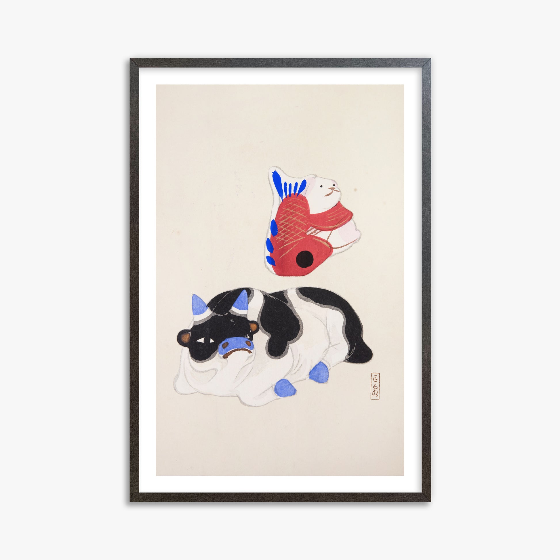 Kawasaki Kyosen: Kyosen’s Collected Illustrations of Japanese Toys Nr. 68 ("Carp atop Blue‐Horn Ox"), 61x91cm Framed Art Reproduction With Espresso Frame