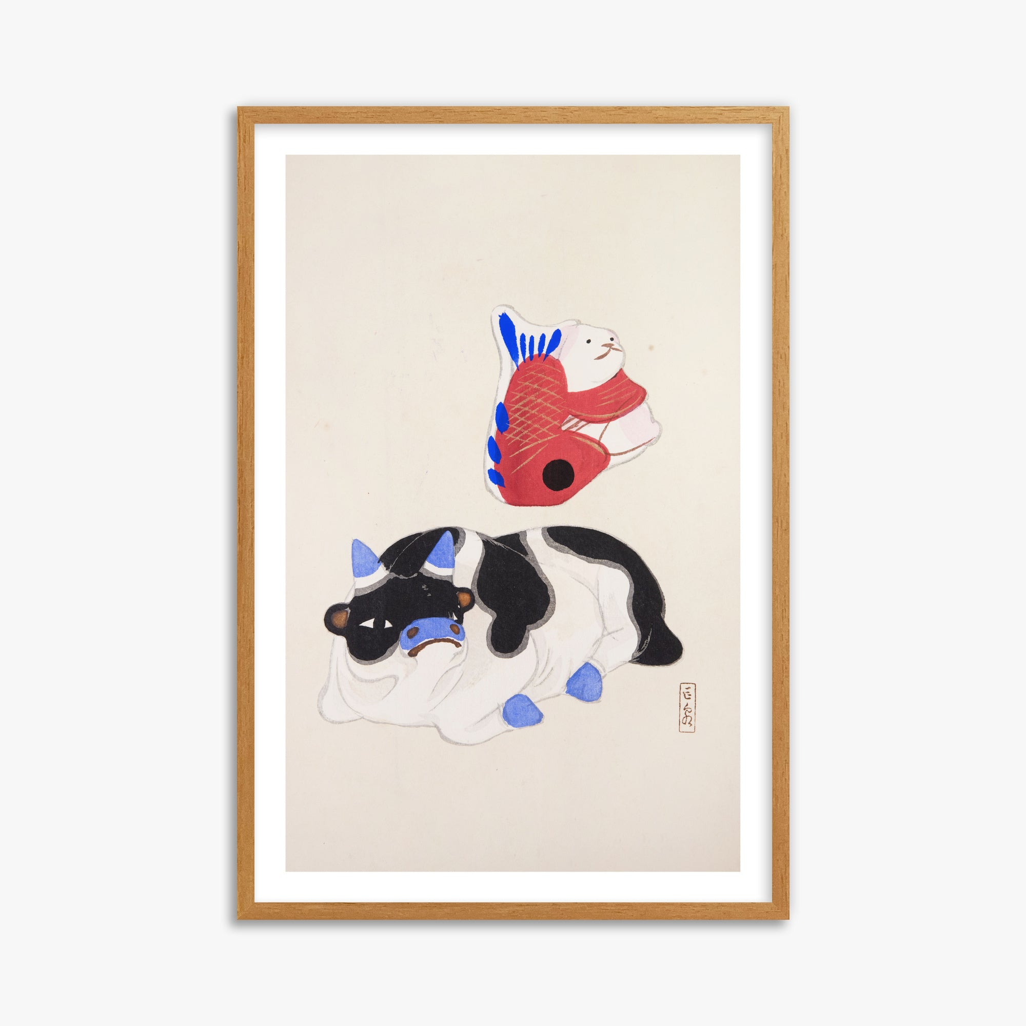 Kawasaki Kyosen: Kyosen’s Collected Illustrations of Japanese Toys Nr. 68 ("Carp atop Blue‐Horn Ox"), 61x91cm Framed Art Reproduction With Oak Frame