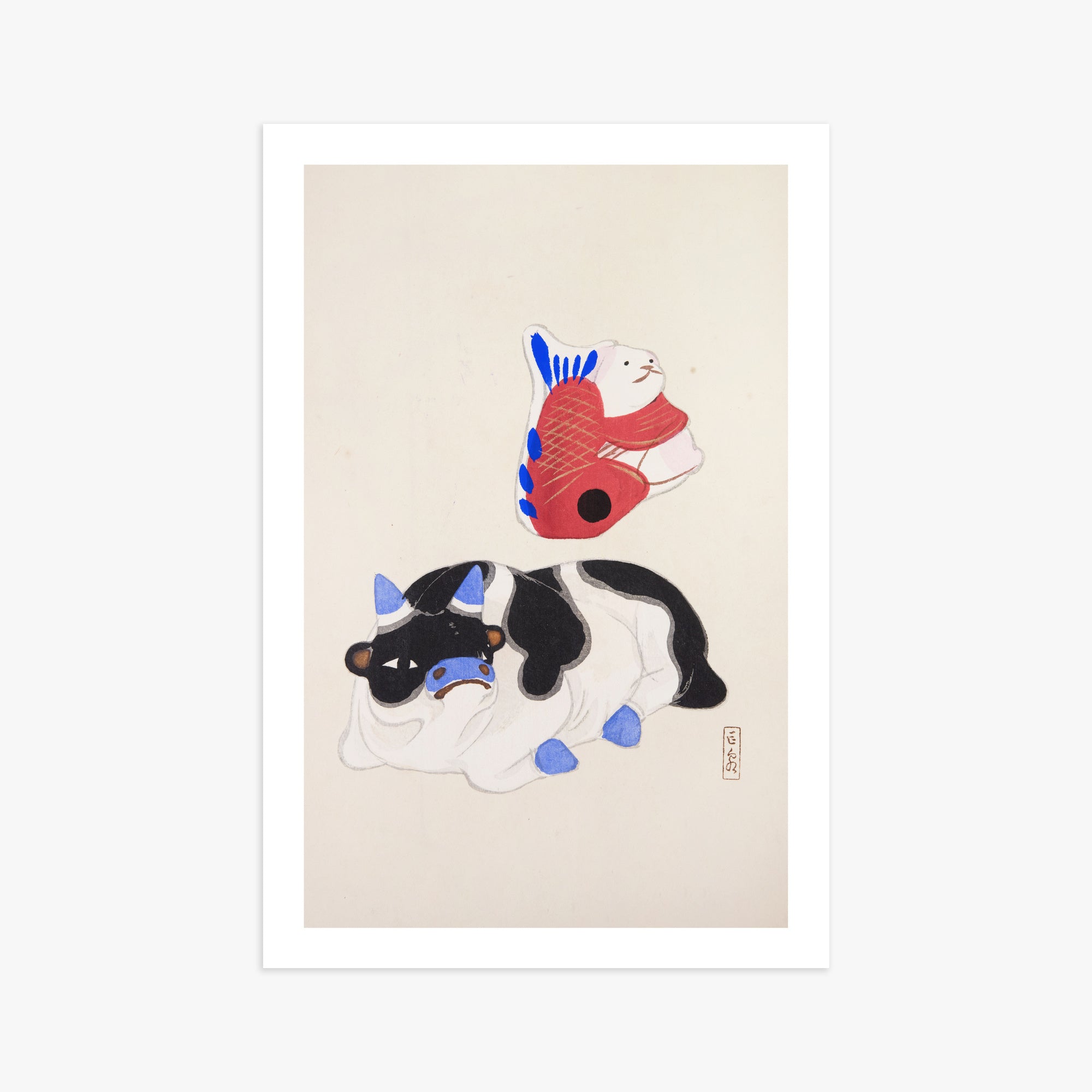 Kawasaki Kyosen: Kyosen’s Collected Illustrations of Japanese Toys Nr. 68 ("Carp atop Blue‐Horn Ox"), 61x91cm Art Reproduction Unframed