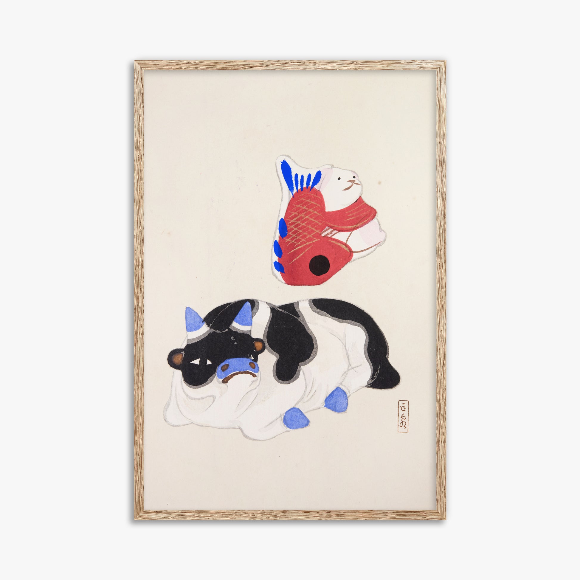 Kawasaki Kyosen: Kyosen’s Collected Illustrations of Japanese Toys Nr. 68 ("Carp atop Blue‐Horn Ox"), 61x91cm Framed Art Reproduction With Raw Oak Frame