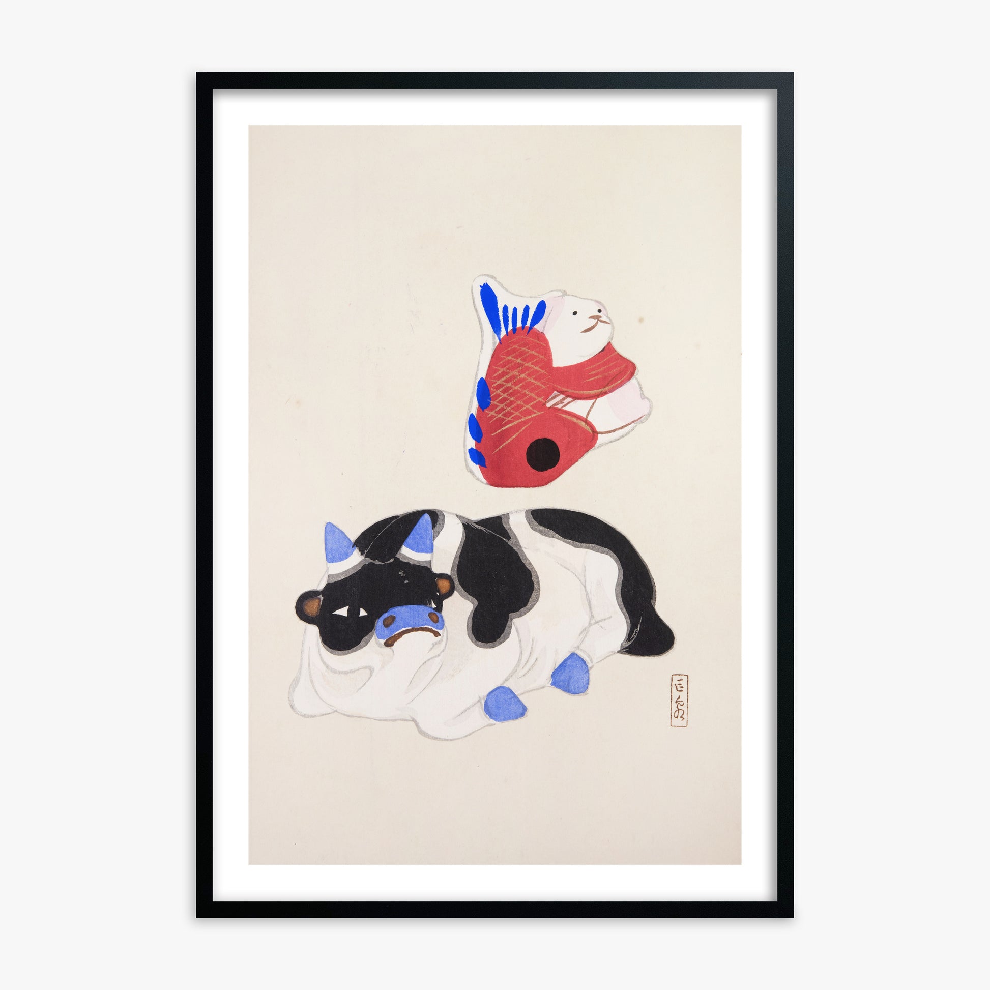 Kawasaki Kyosen: Kyosen’s Collected Illustrations of Japanese Toys Nr. 68 ("Carp atop Blue‐Horn Ox"), 70x100cm Framed Art Reproduction With Black Frame