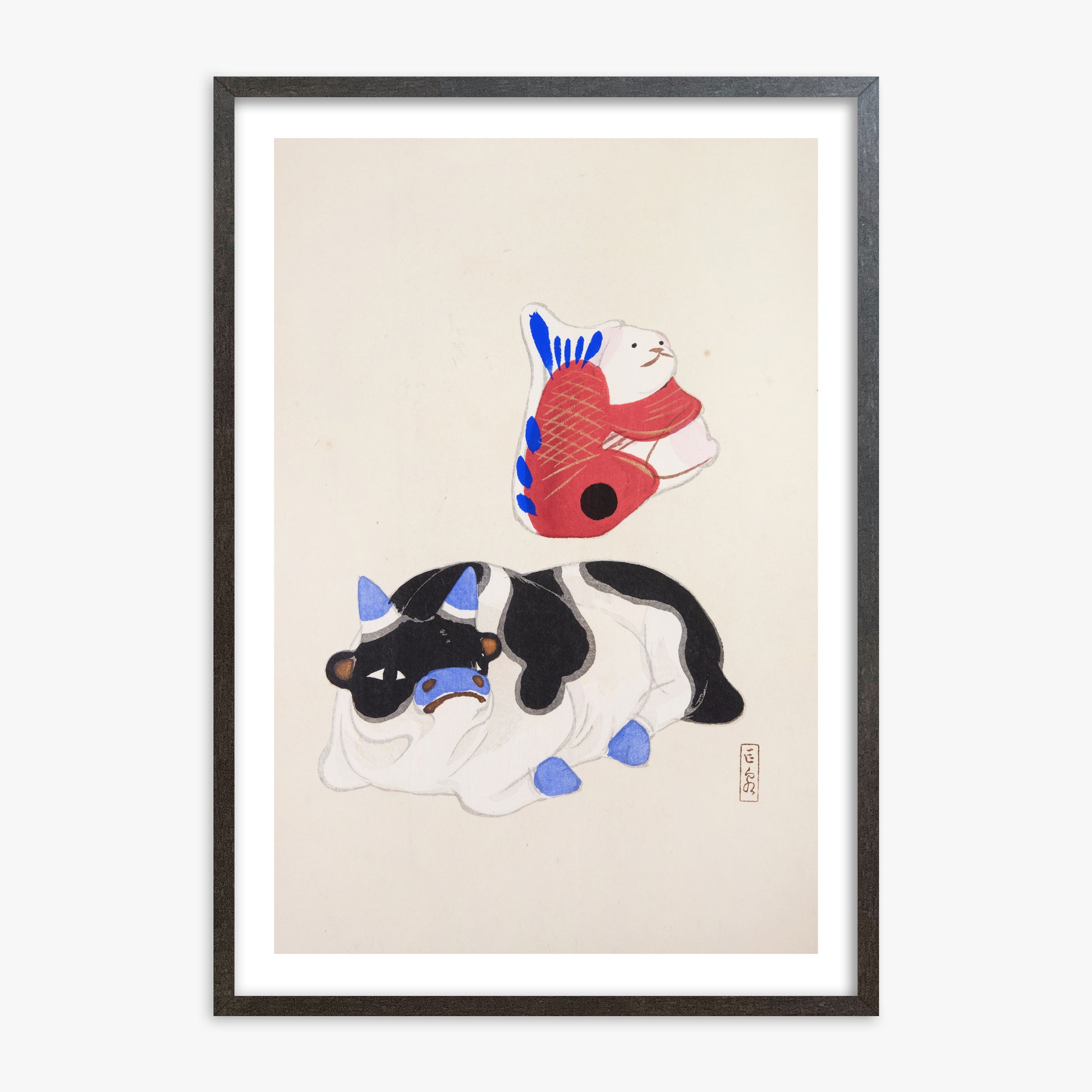 Kawasaki Kyosen: Kyosen’s Collected Illustrations of Japanese Toys Nr. 68 ("Carp atop Blue‐Horn Ox"), 70x100cm Framed Art Reproduction With Espresso Frame