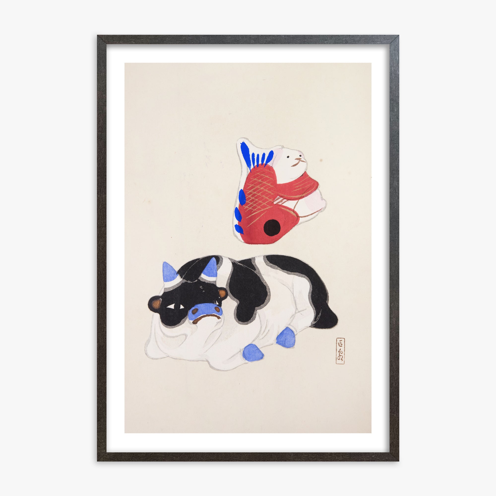 Kawasaki Kyosen: Kyosen’s Collected Illustrations of Japanese Toys Nr. 68 ("Carp atop Blue‐Horn Ox"), 70x100cm Framed Art Reproduction With Espresso Frame